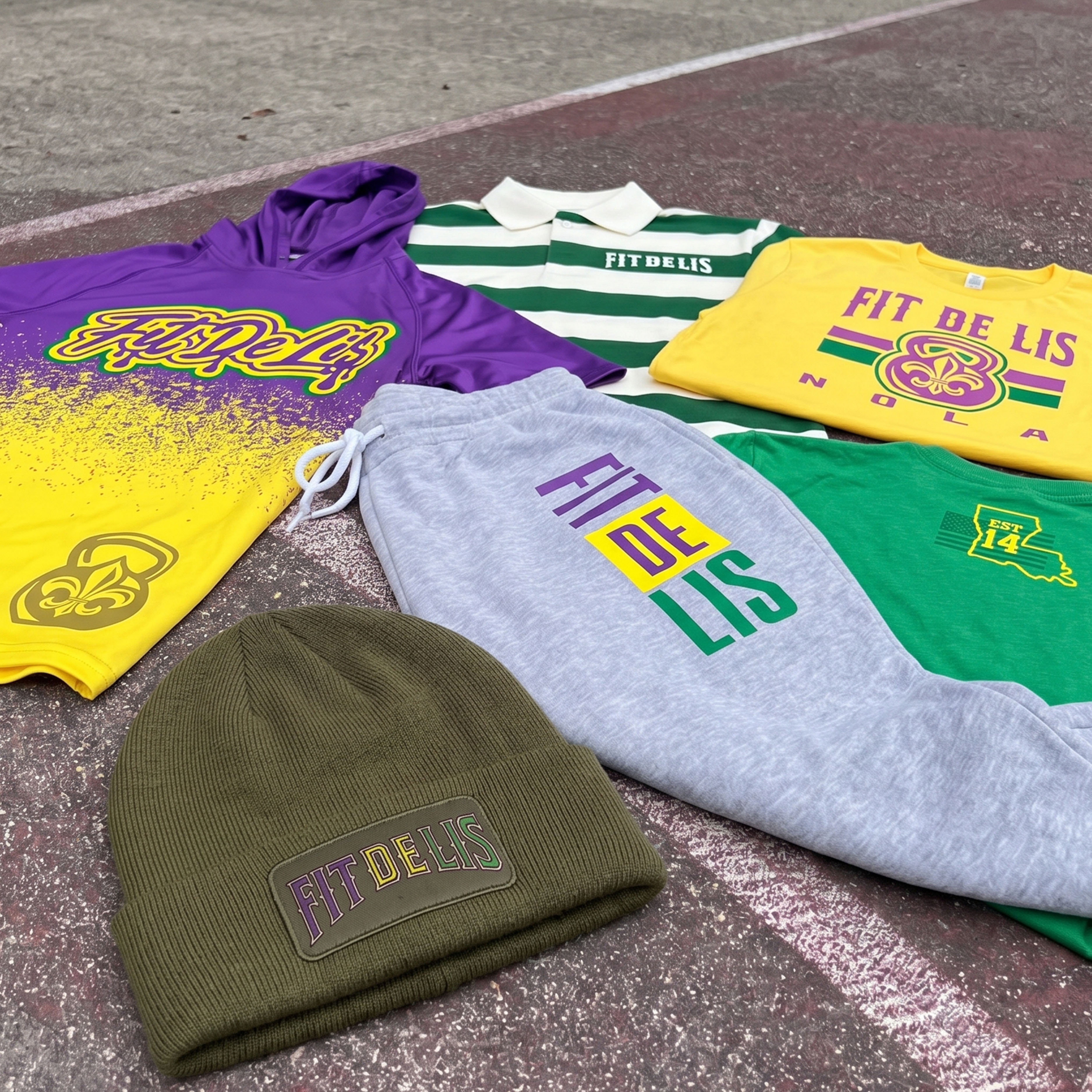 Full Fit De Lis New Orleans apparel collection with hoodie, striped coach rugby, yellow tee, green tee, joggers, and olive beanie