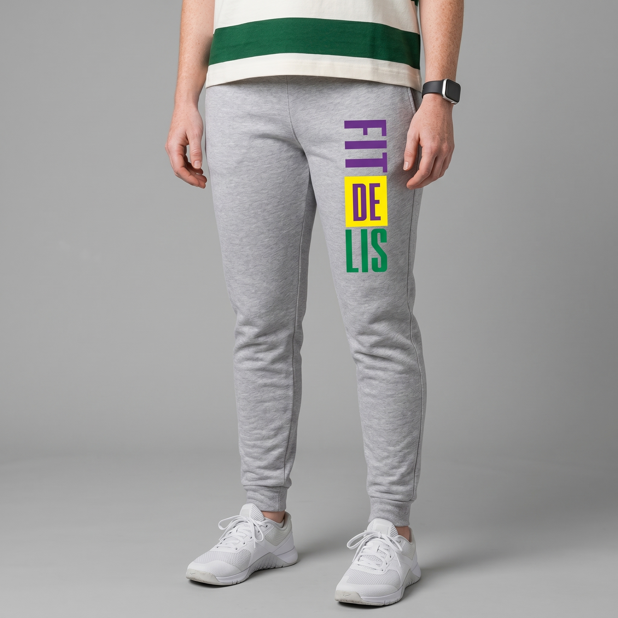 Grey Fit De Lis joggers with vertical purple, yellow, and green leg print