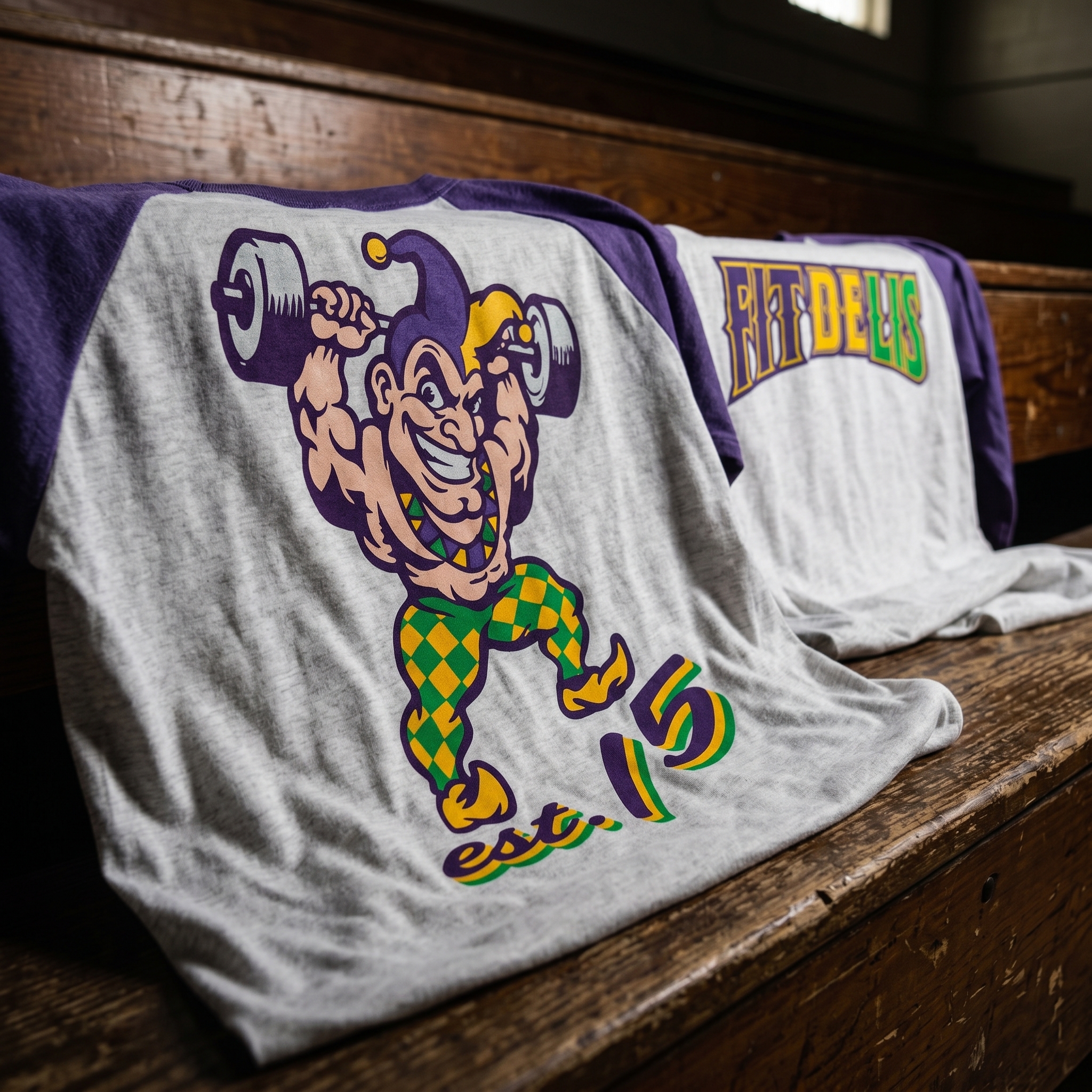 Fit De Lis mascot raglan with jester lifting dumbbells on the front and Fit De Lis back lettering