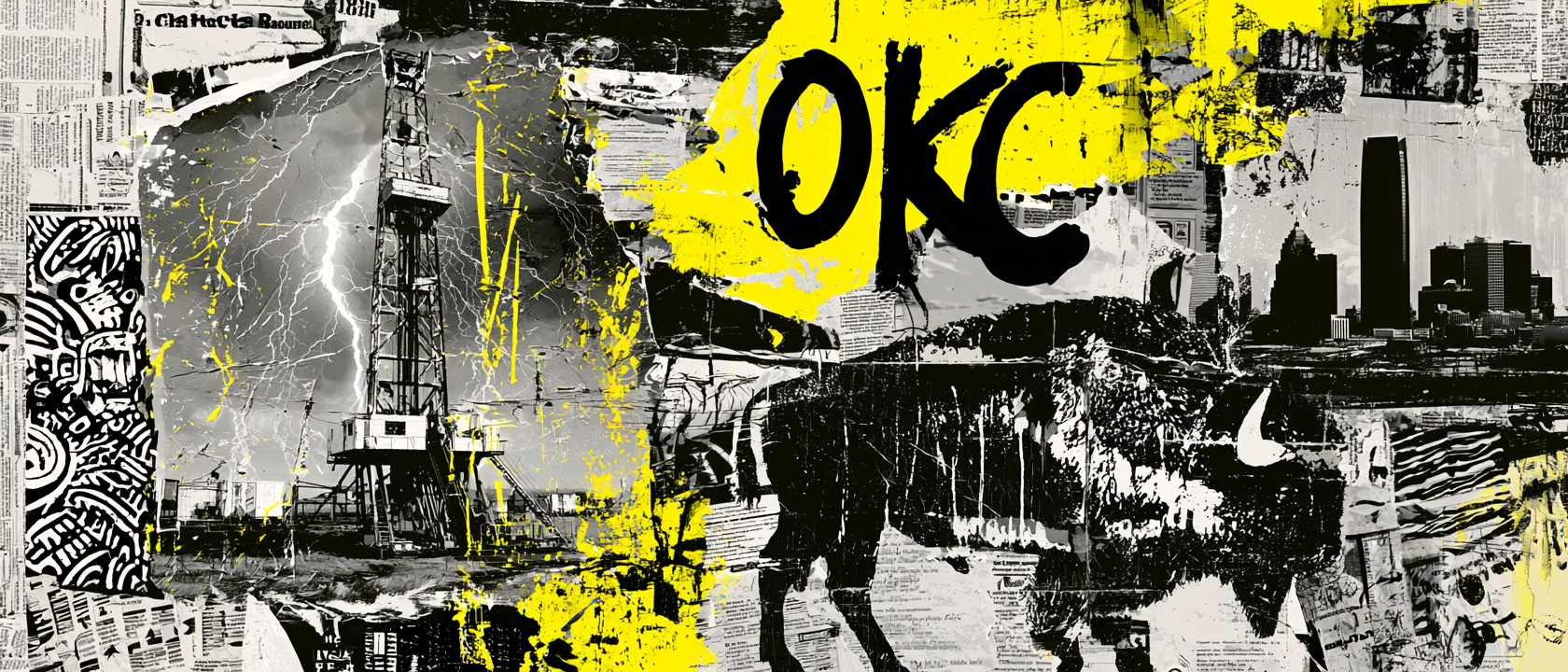 Oklahoma City visual history collage with oil derrick, lightning, bison, OKC lettering, skyline, newspaper textures, western references, and yellow paint accents
