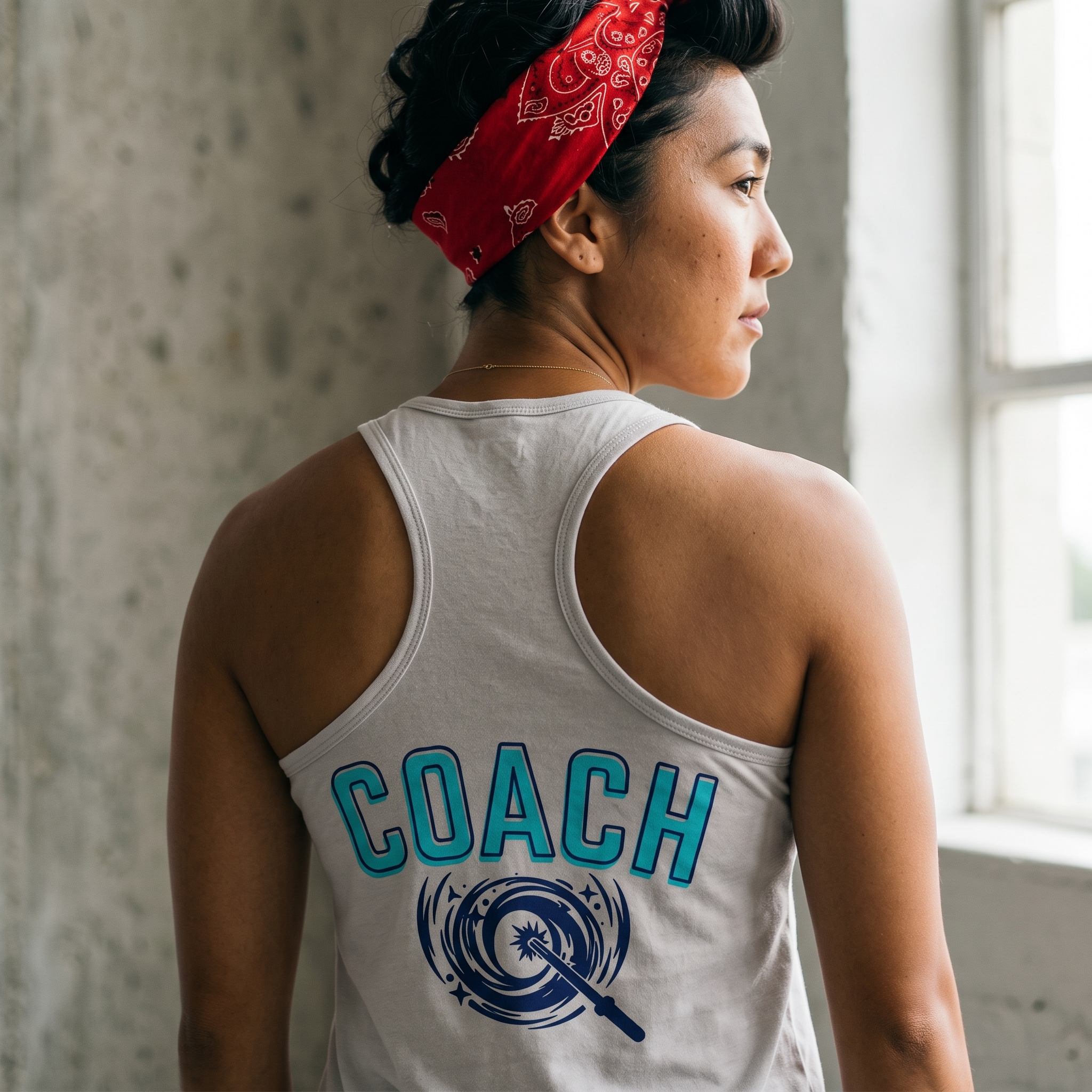 Back view of white O Town Athletics coach racerback tank with teal COACH lettering and swirl wand graphic