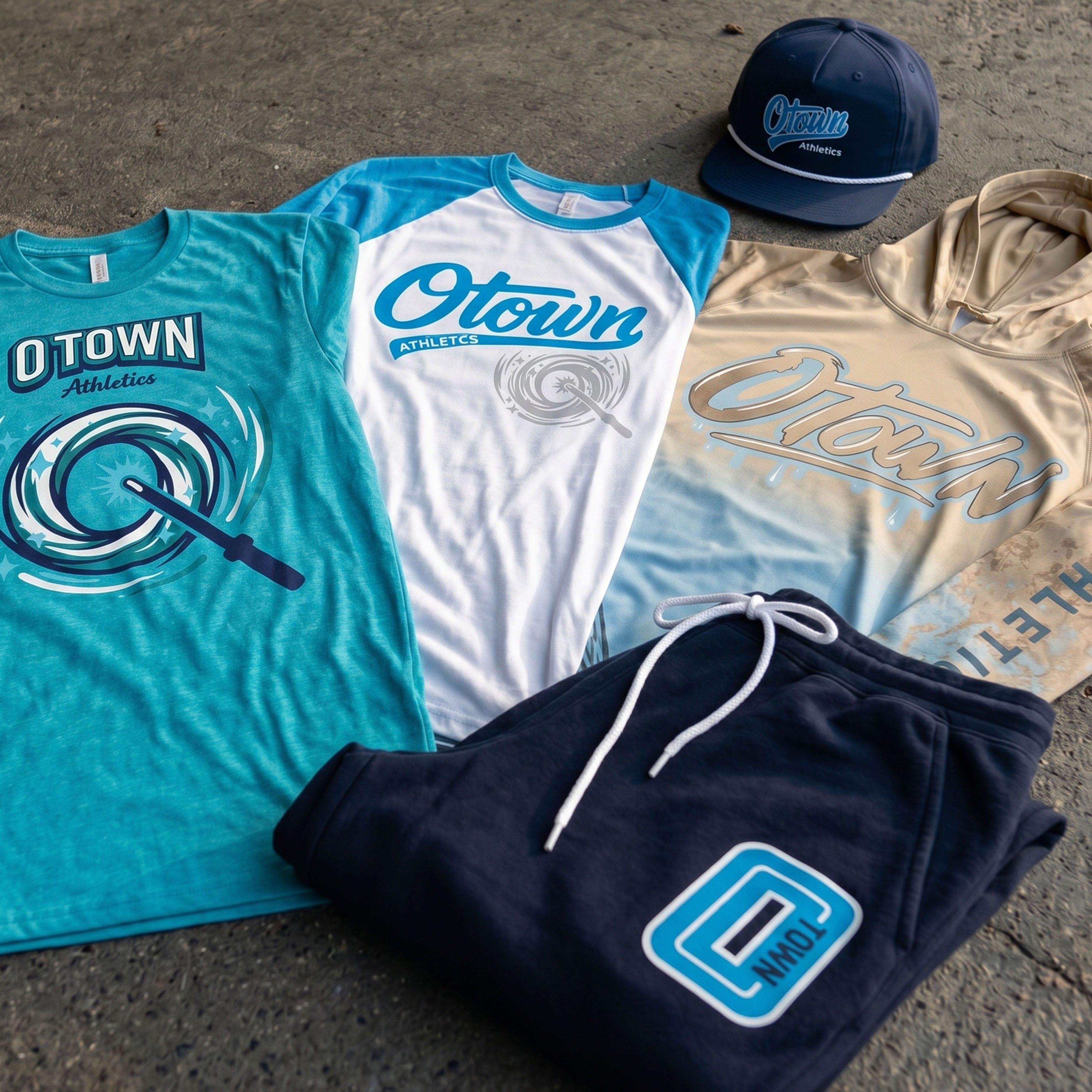Full O Town Athletics Orlando apparel collection with teal tee, white and blue raglan, tan hoodie, navy joggers, and navy rope cap