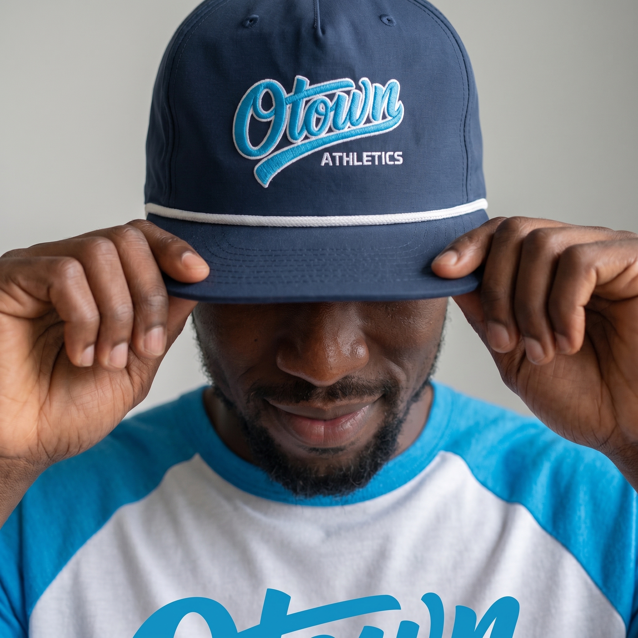 Navy O Town Athletics rope cap with teal script embroidery and white rope detail
