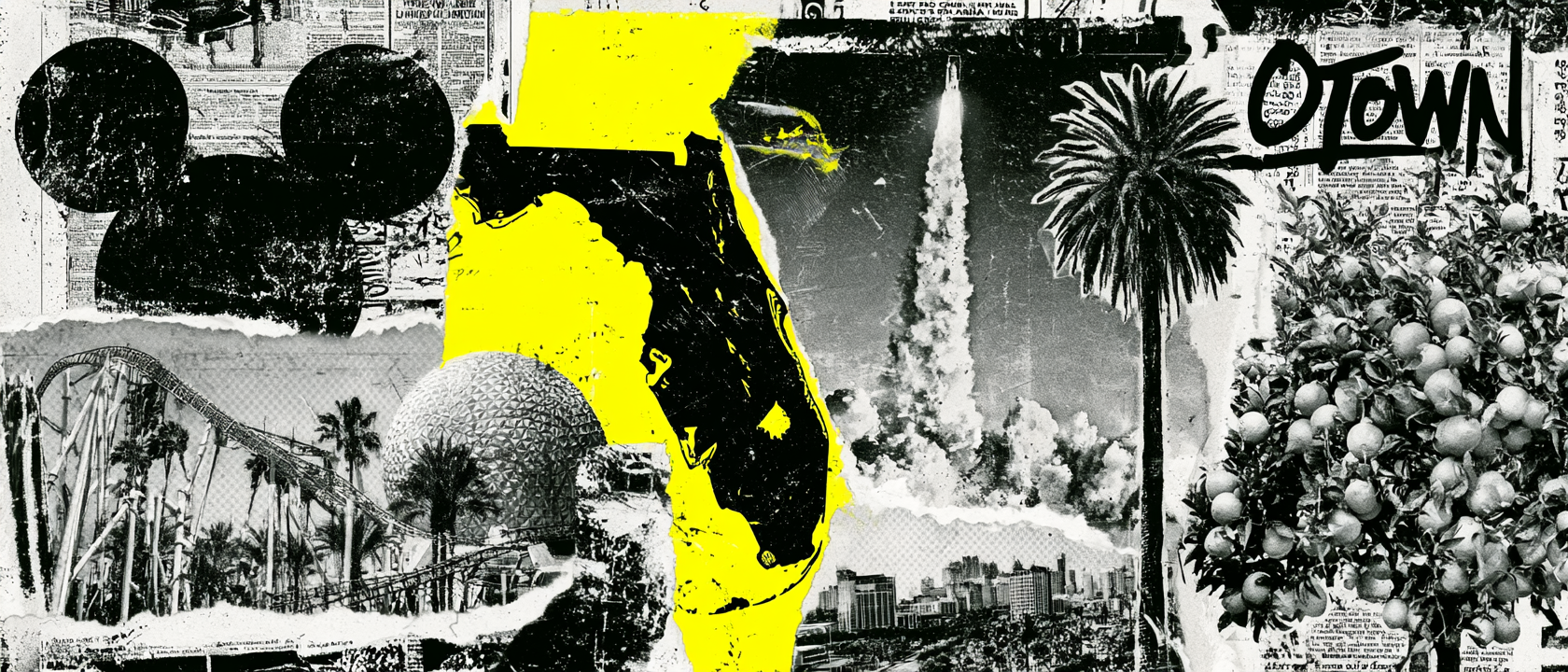 Orlando visual history collage with Florida map, theme park imagery, citrus, palm trees, rocket launch, skyline, and O Town lettering