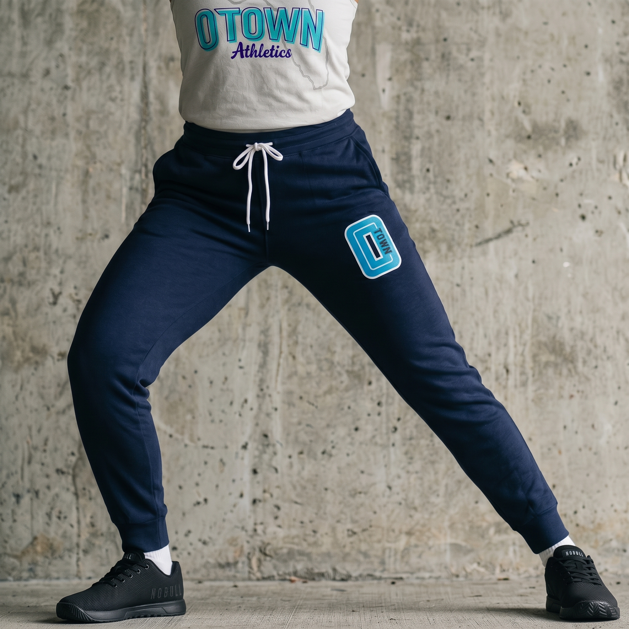 Athlete wearing navy O Town Athletics joggers with aqua O Town patch on the leg