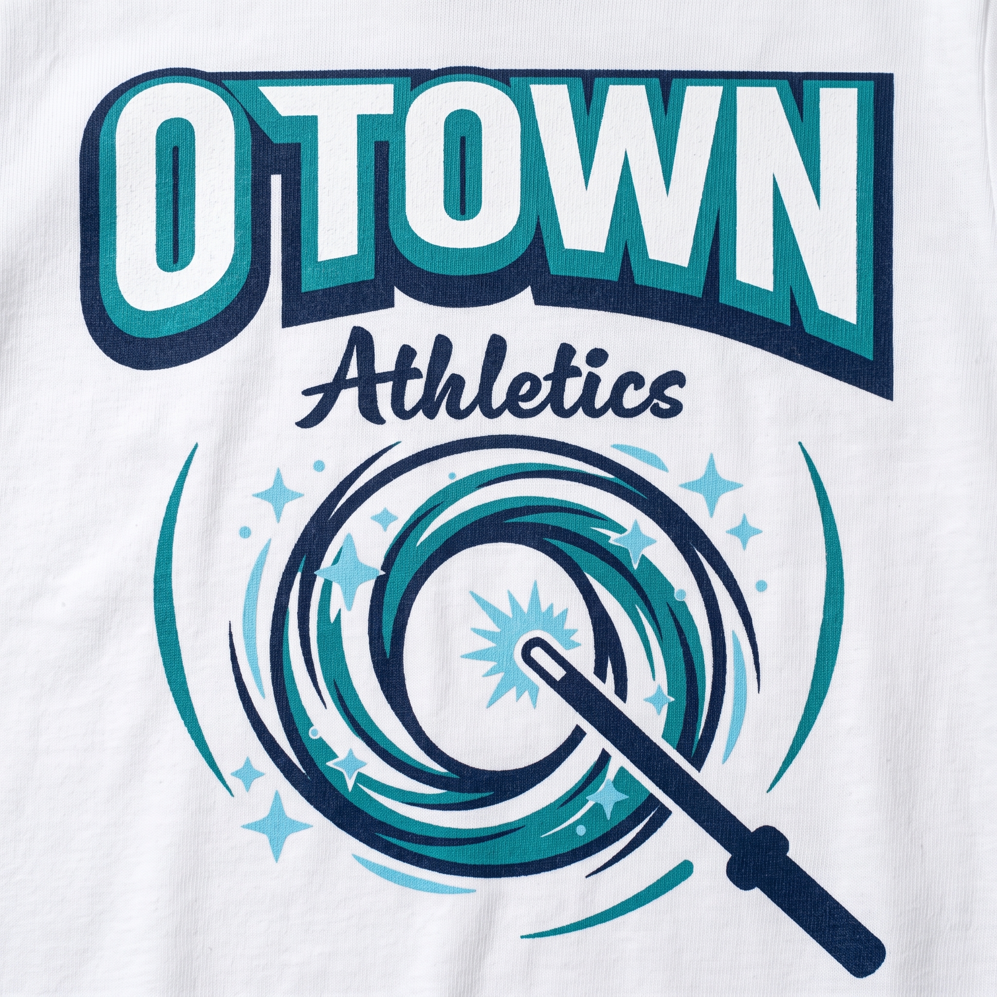 Close-up of O Town Athletics screen printed logo with teal, navy, and aqua swirl graphic on white fabric