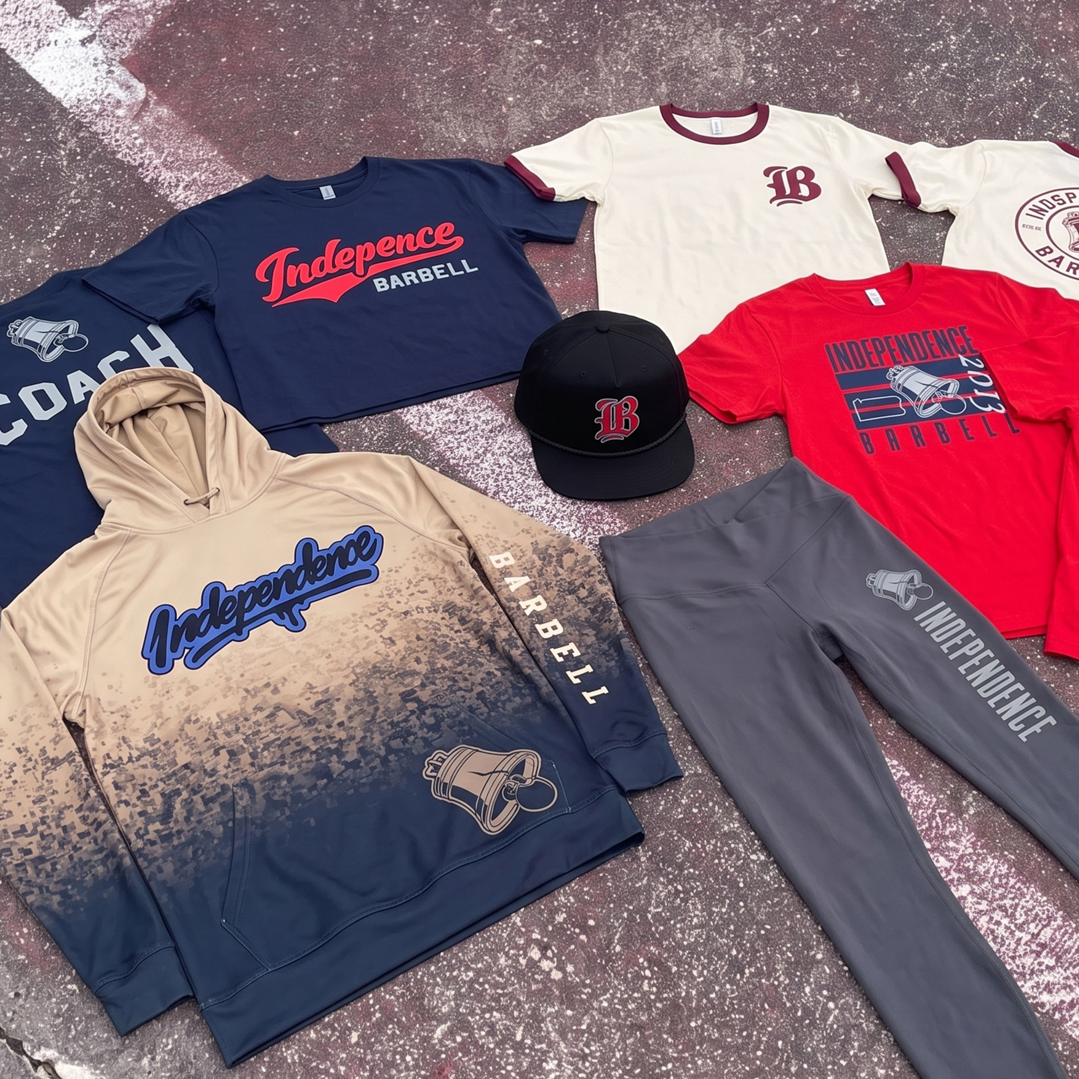 Full Independence Barbell Philadelphia apparel collection with gradient hoodie, navy coach tee, cream ringer tee, red tee, grey leggings, and black rope cap