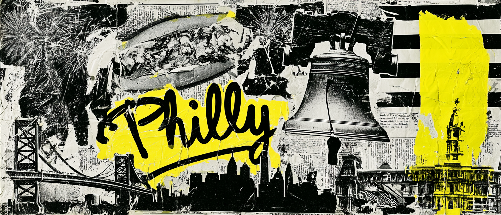 Philadelphia visual history collage with Liberty Bell, Independence Hall, bridge, skyline, fireworks, cheesesteak, newspaper texture, Philly script, and yellow paint accents