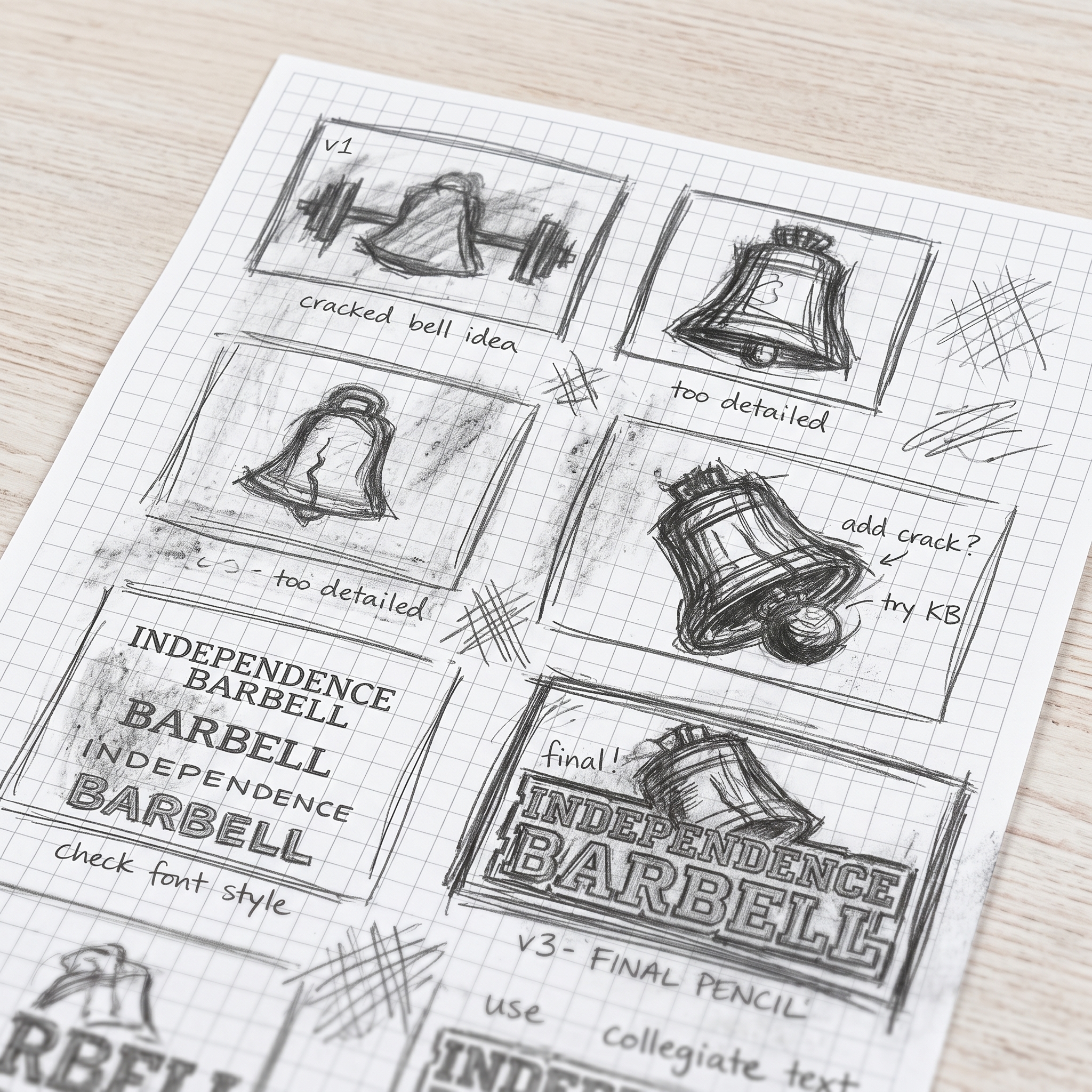Thumbnail sketch sheet for Independence Barbell showing cracked Liberty Bell logo studies, barbell concepts, typography checks, and final pencil direction