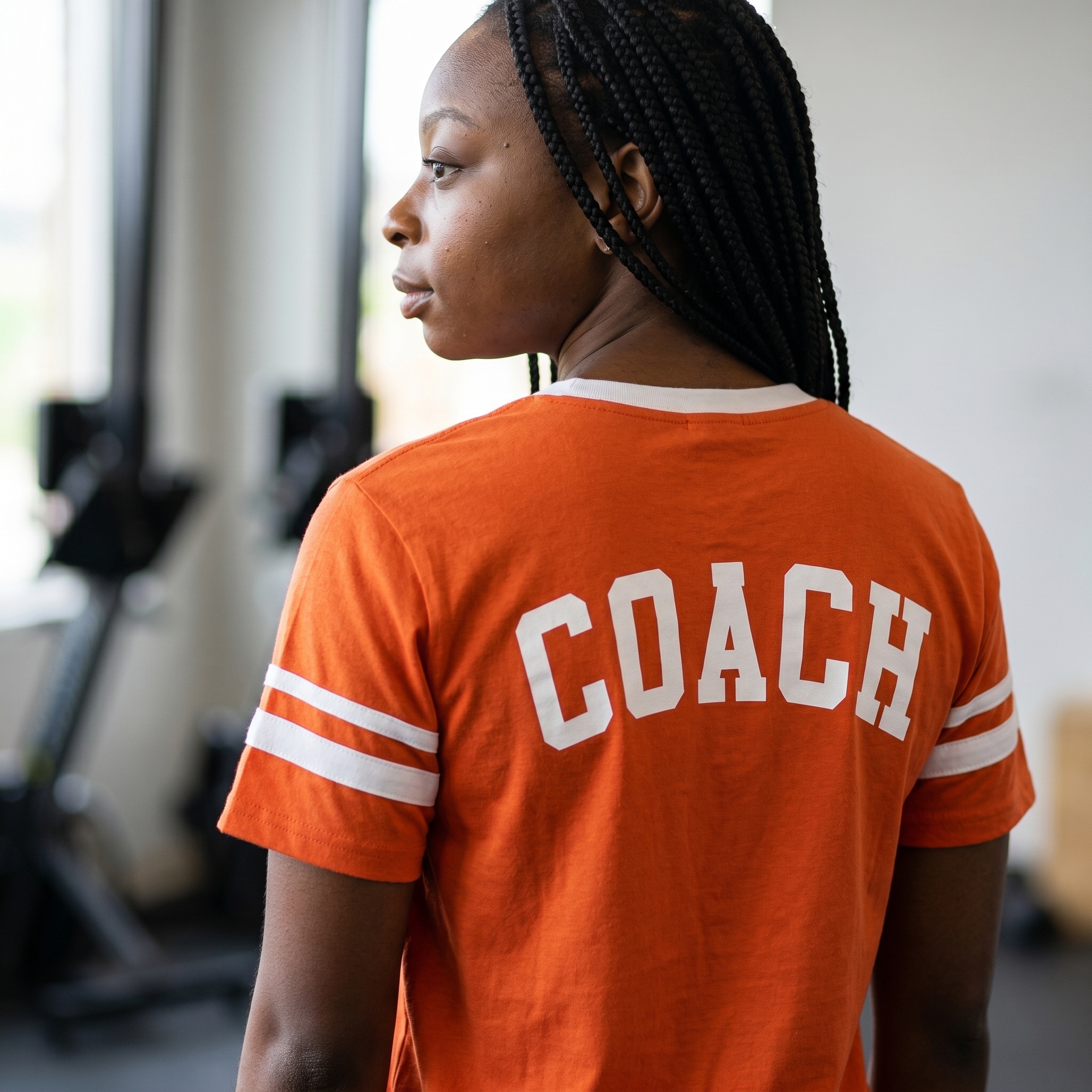 Back view of orange coach tee with white COACH lettering and white sleeve stripes