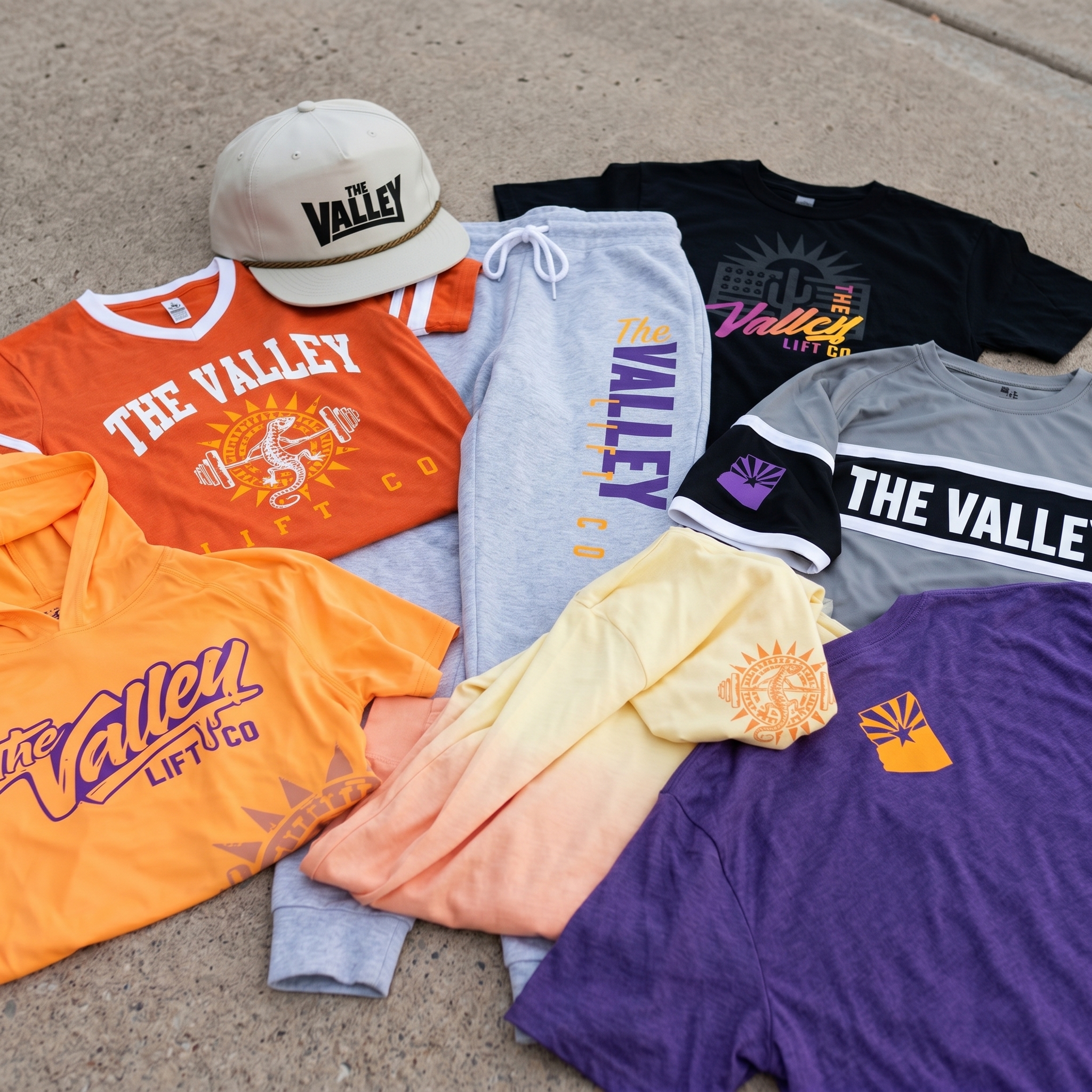 The Valley Lift Co full apparel collection with orange football tee, grey joggers, purple tee, grey performance jersey, black tee, orange hoodie, and rope cap