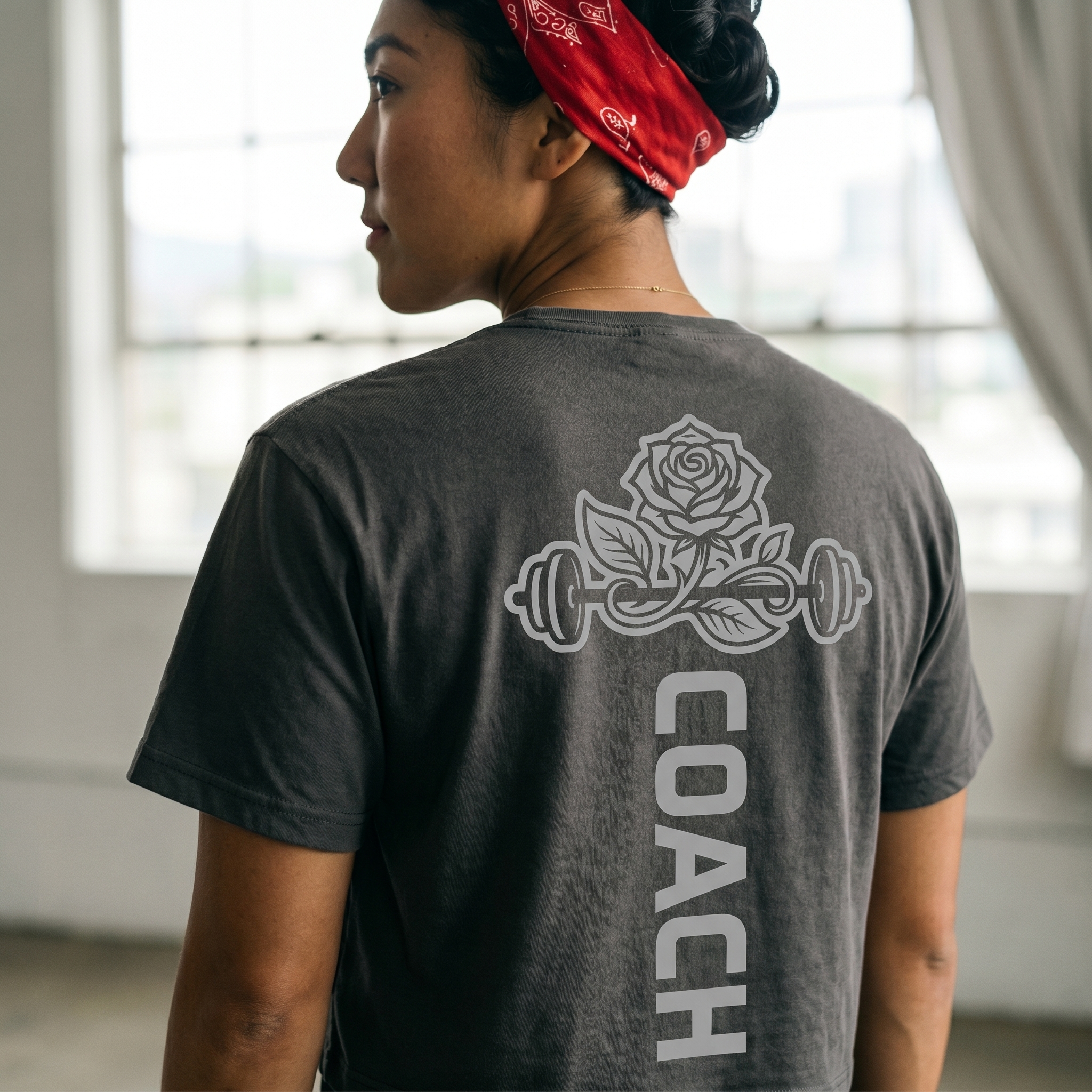 Grey Rose City Community Fitness coach tee with rose barbell back print and vertical coach lettering