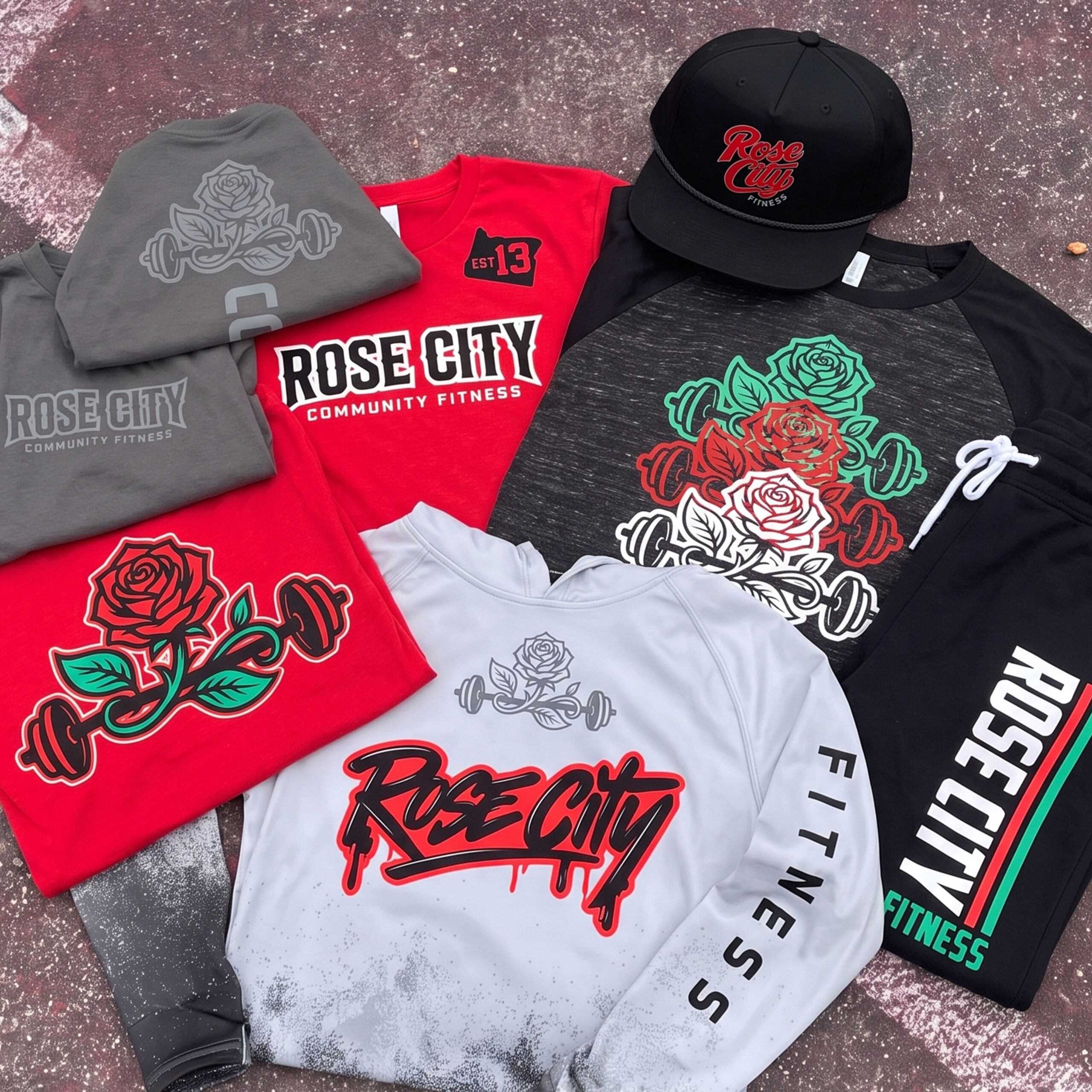 Full Rose City Community Fitness apparel collection with tees, hoodie, raglan, hat, joggers, and rose barbell graphics