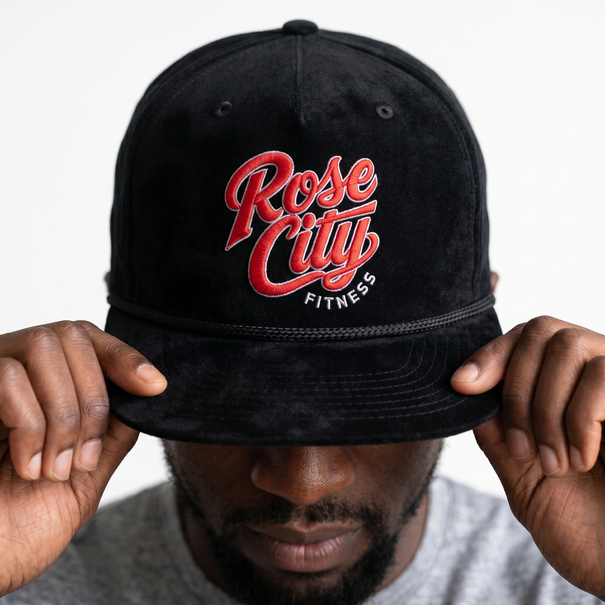 Black Rose City Community Fitness cap with embroidered red script logo