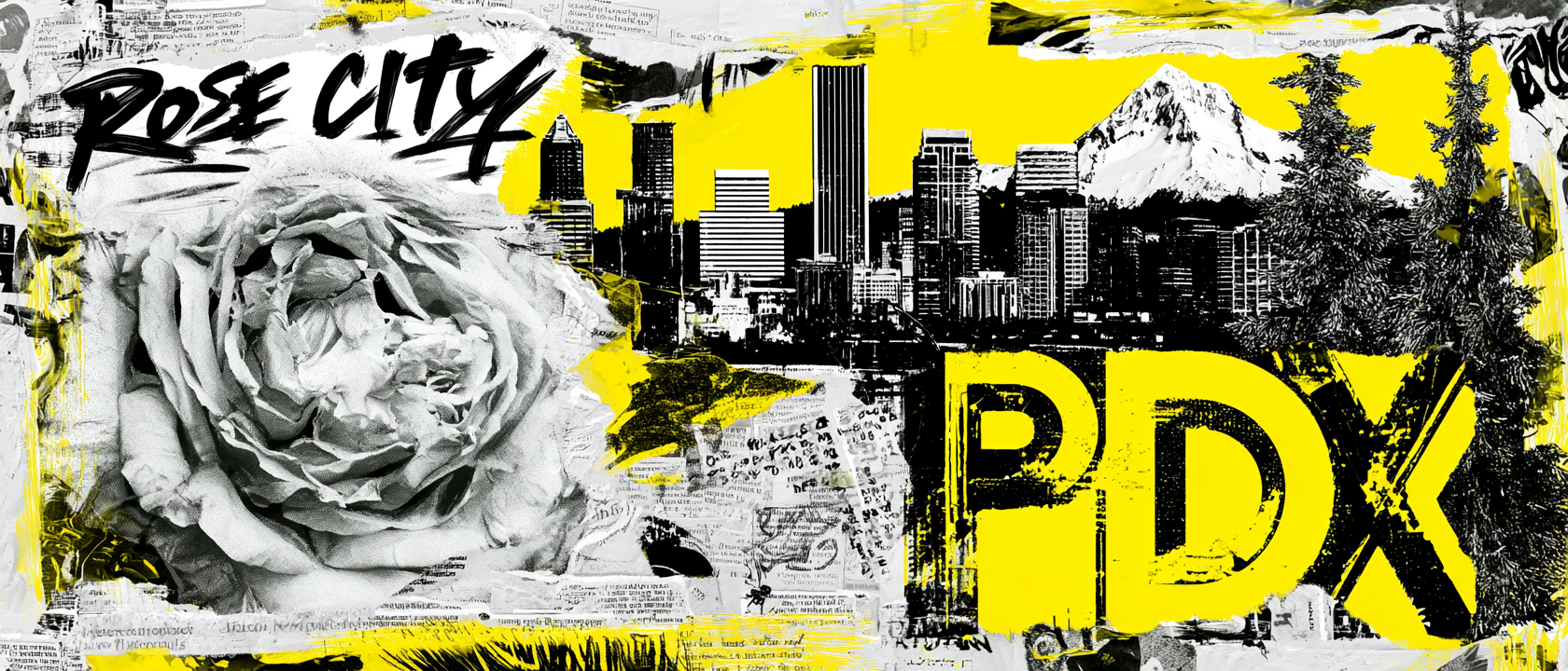 Portland visual history collage with roses, PDX lettering, skyline, Mount Hood, evergreen trees, bridges, river texture, and city references