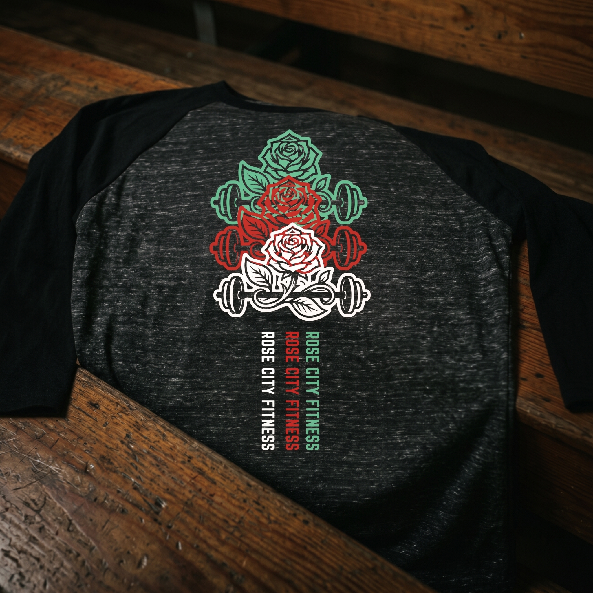 Black and grey Rose City Community Fitness raglan with stacked rose and barbell back graphic