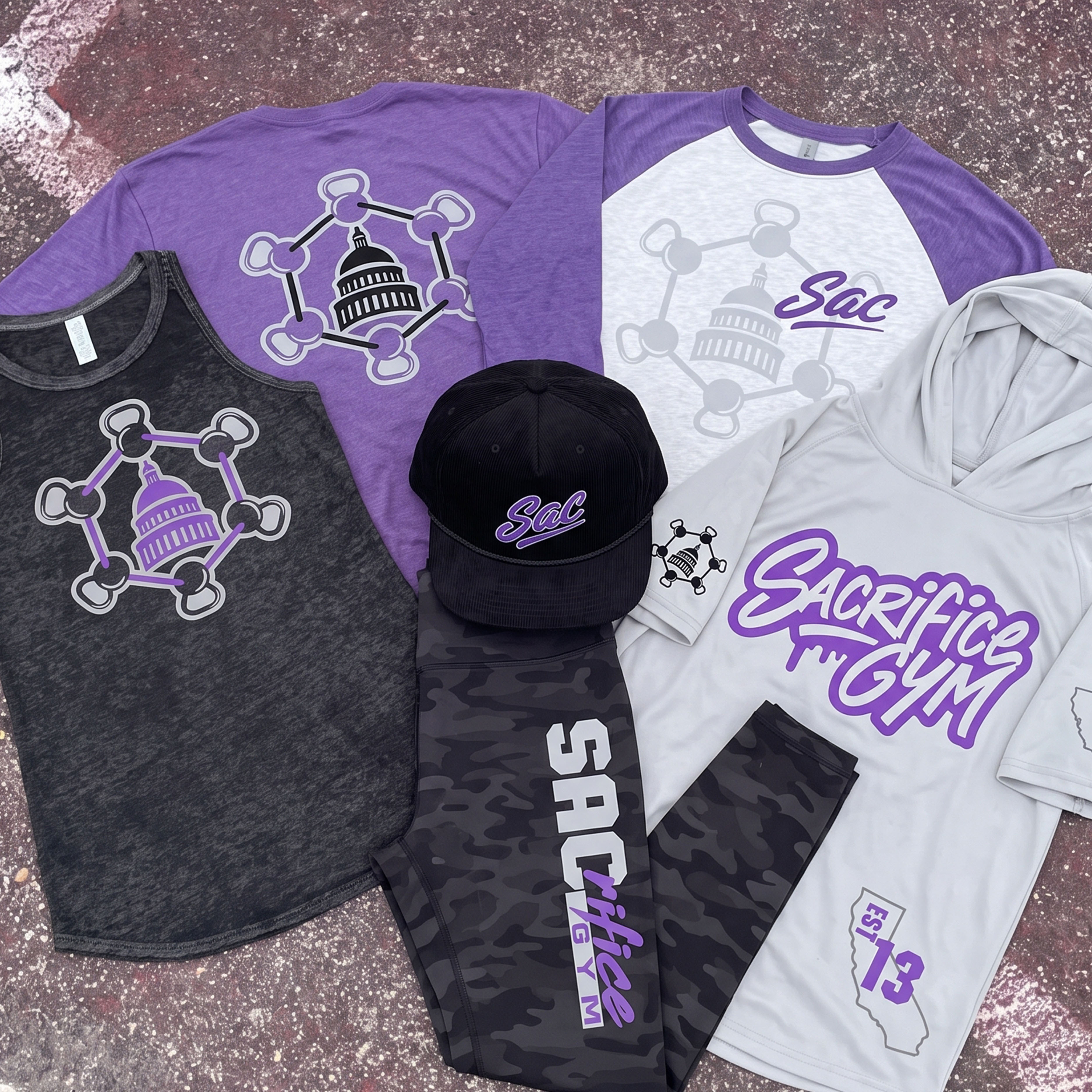 Full SACrifice Gym Sacramento apparel collection with tanks, raglan tee, hoodie, hat, camo leggings, and Capitol dome graphics