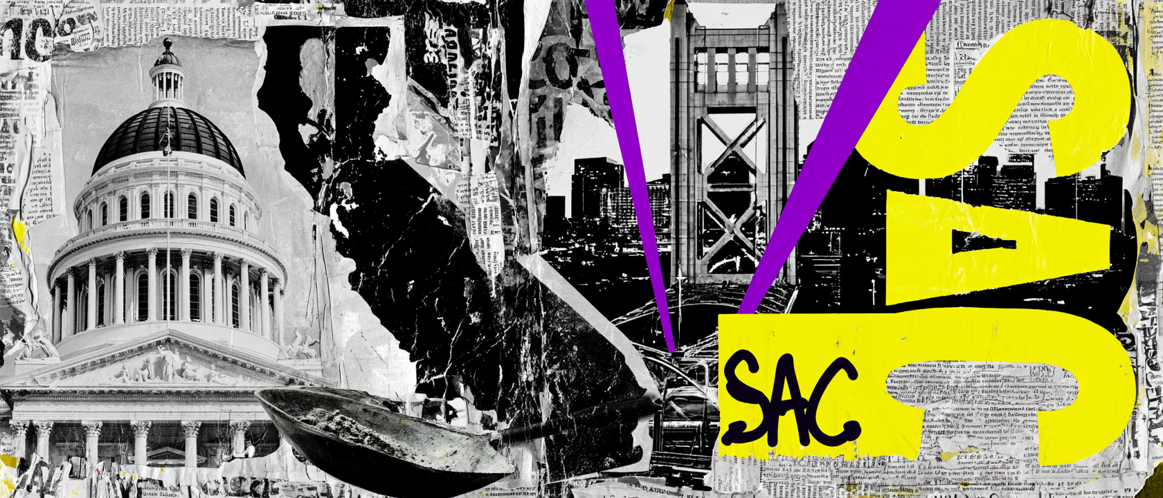 Sacramento history collage with Capitol dome, California outline, bridge, skyline, SAC lettering, and civic textures