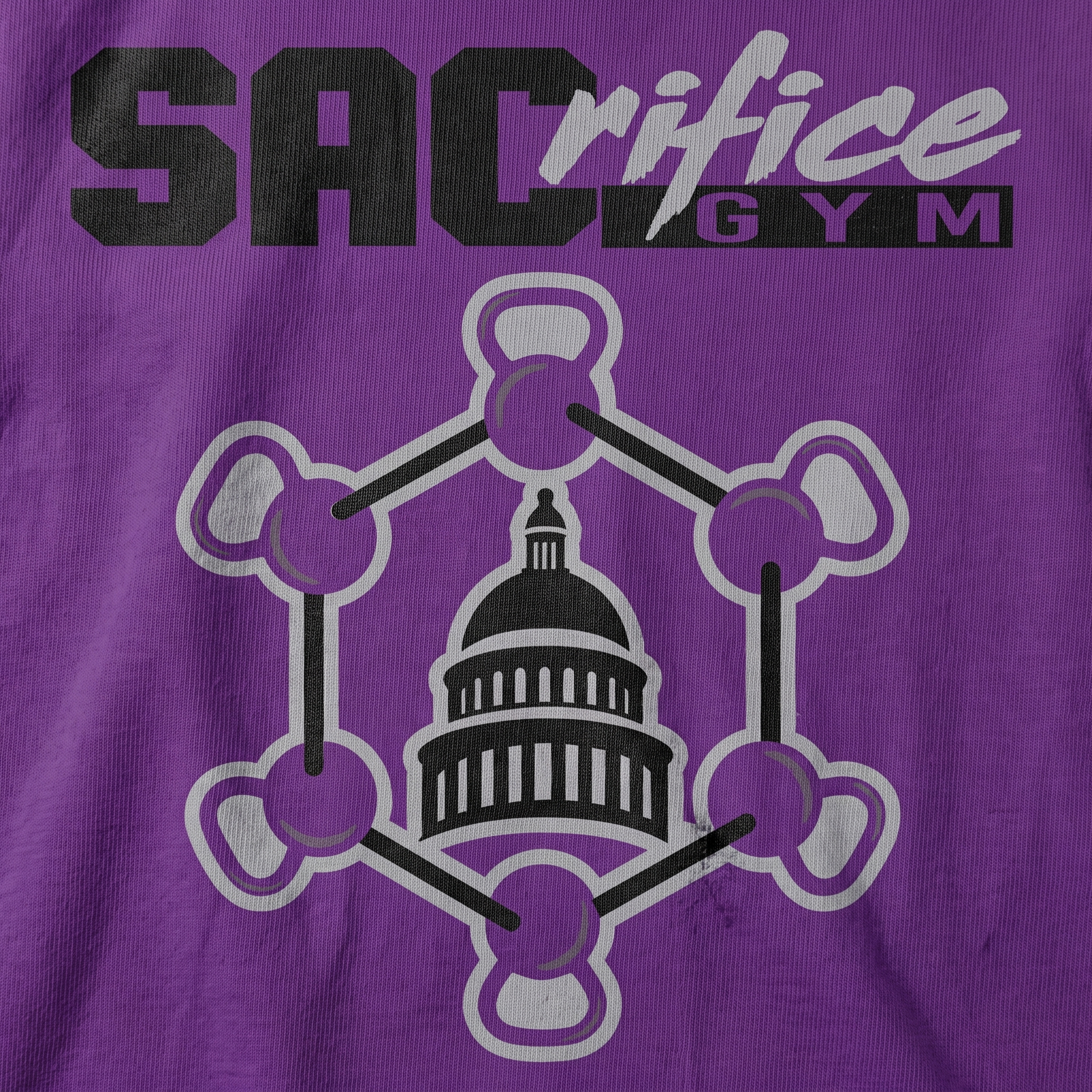 SACrifice Gym screen printed logo detail with Capitol dome and kettlebell network on purple fabric