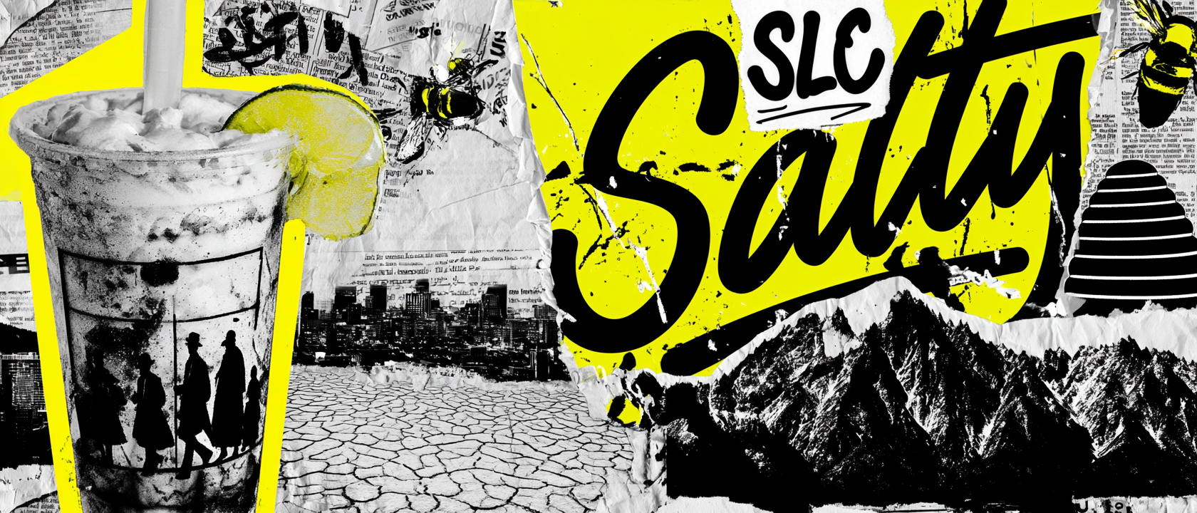 Salt Lake City visual history collage with soda shop drink, Wasatch mountains, city skyline, beehive, bees, SLC lettering, and bright yellow graphic texture