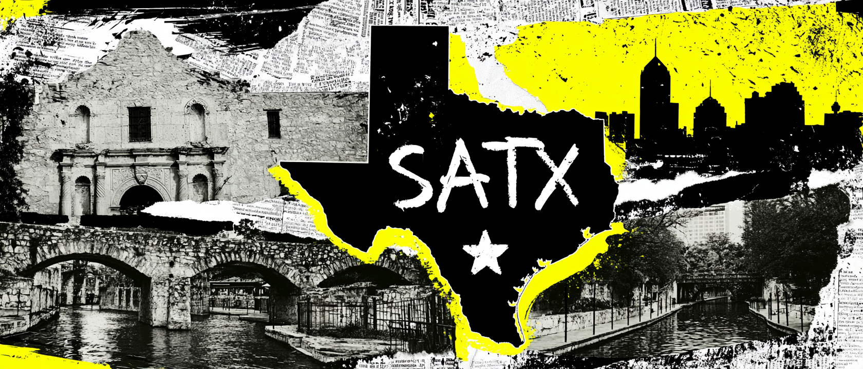San Antonio visual history collage with Texas outline, SATX lettering, Alamo, River Walk, skyline, star, and yellow graphic texture