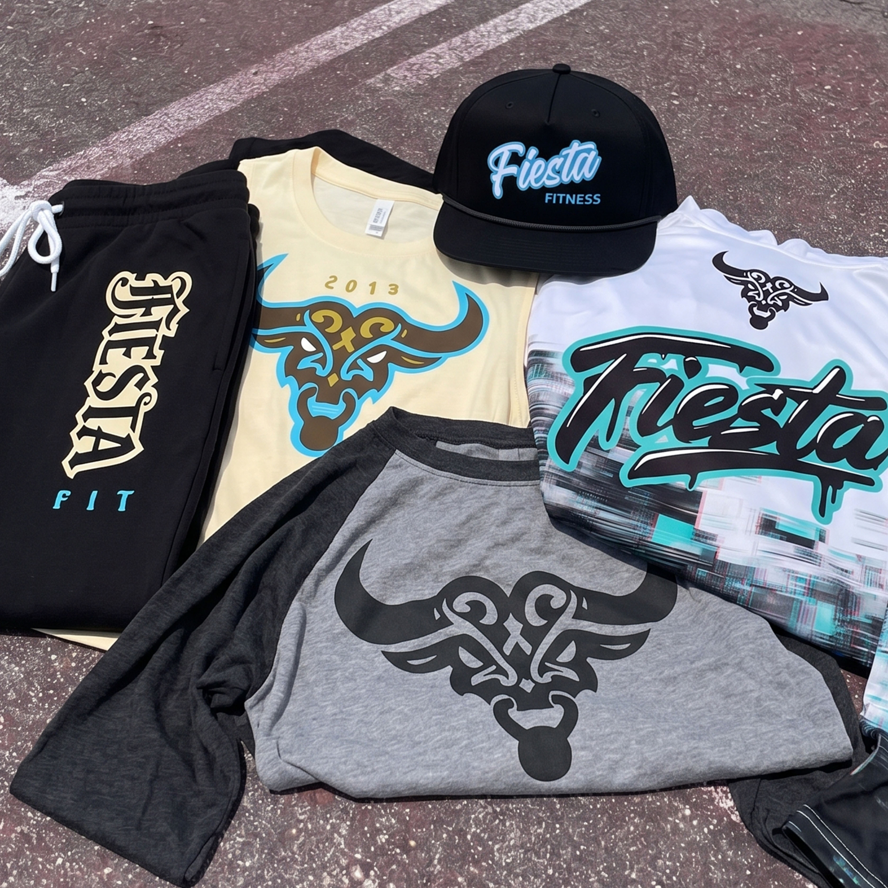 Full Fiesta Fitness San Antonio apparel collection with hat, joggers, raglan, yellow tee, white hoodie, and turquoise black cream graphics