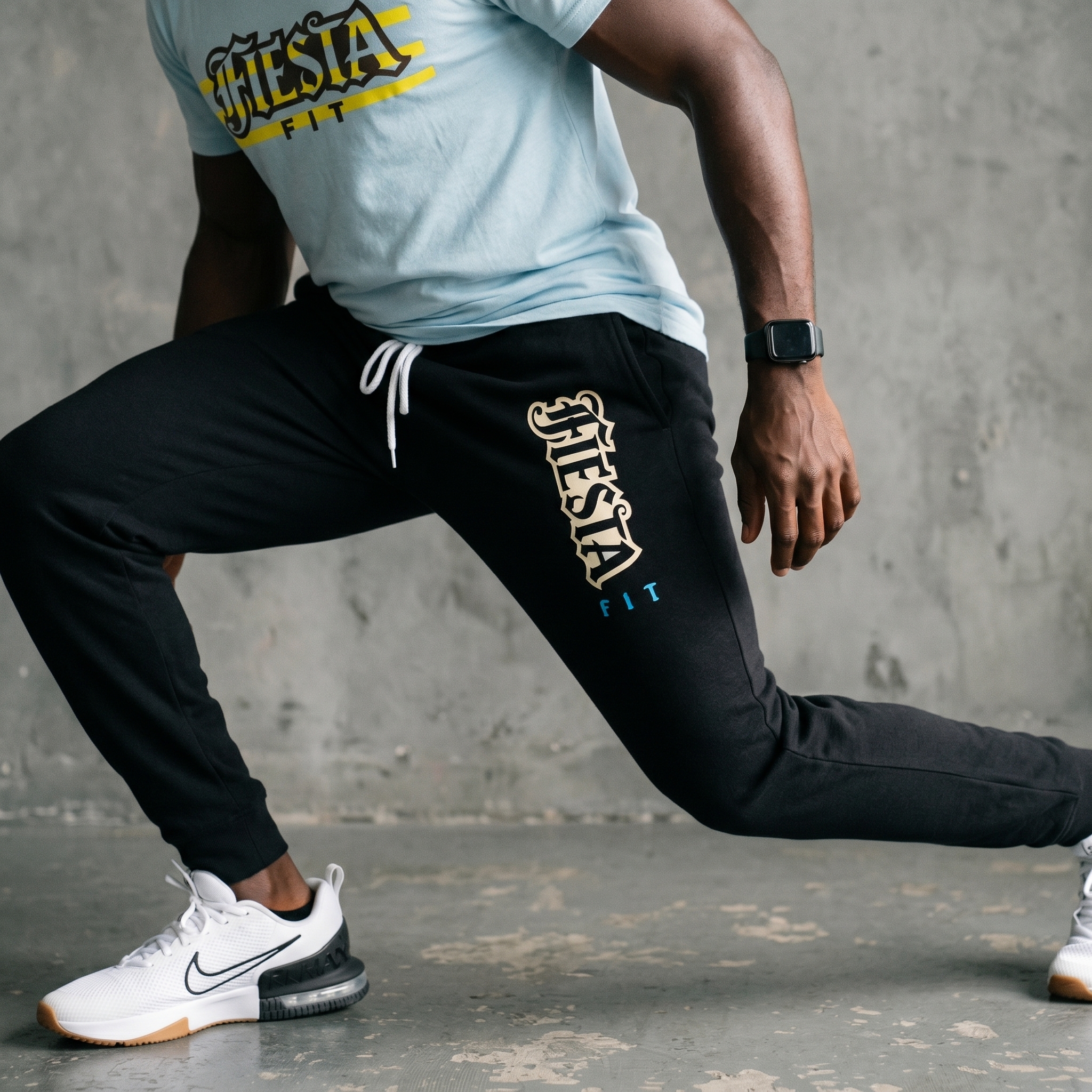 Black Fiesta Fit joggers with cream Fiesta leg print and blue Fit type