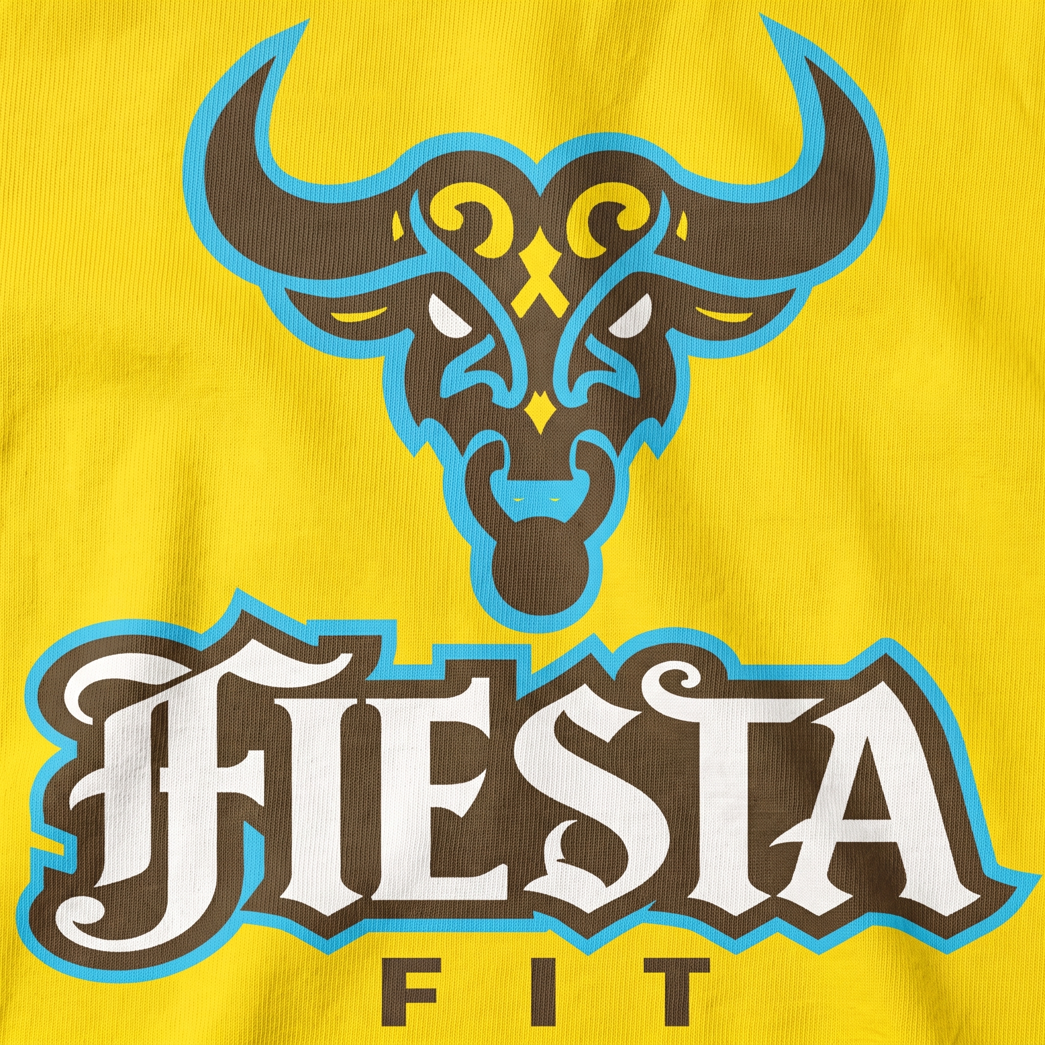Fiesta Fitness screen print logo detail with Tejana Gothic bull icon, turquoise outline, yellow background, and western Fiesta lettering