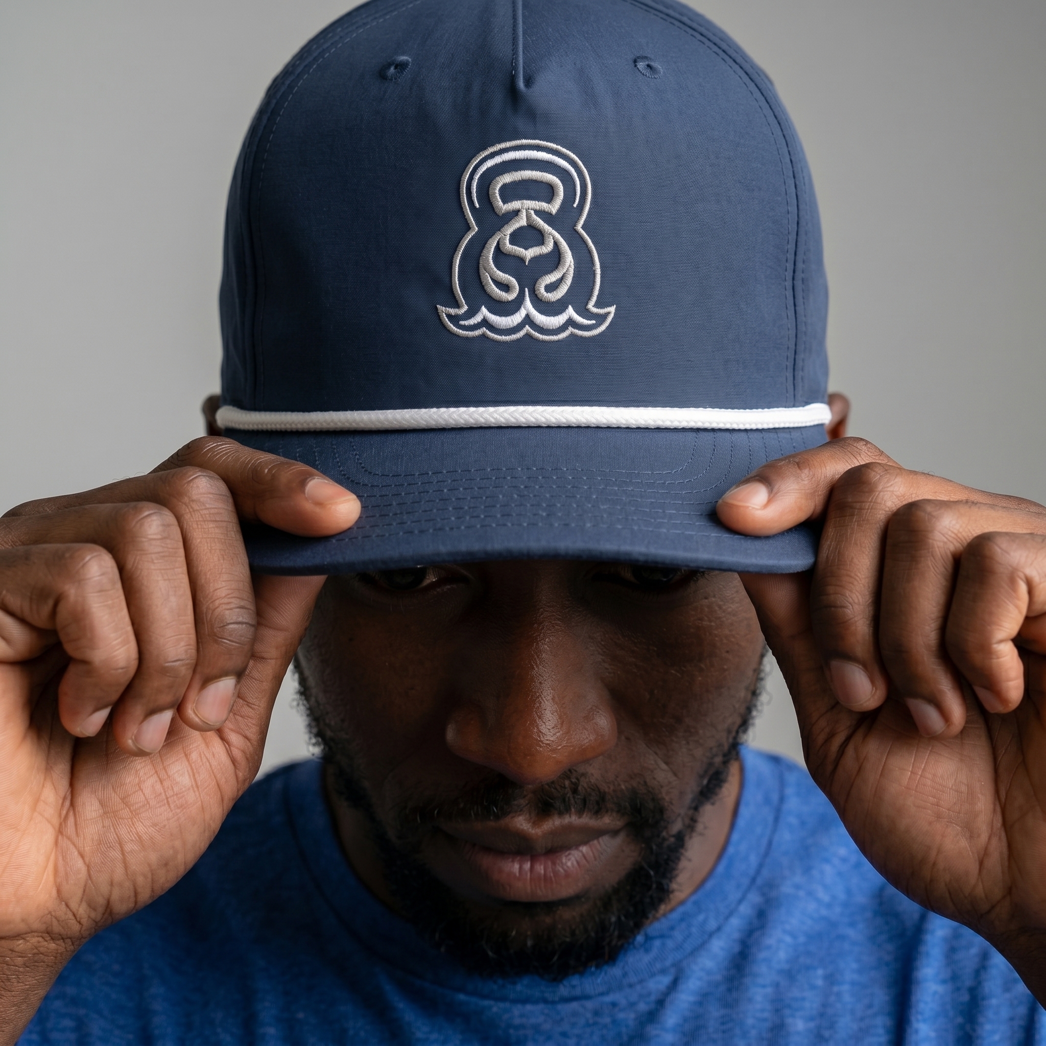 Navy Rain City Fitness rope cap with embroidered umbrella kettlebell icon