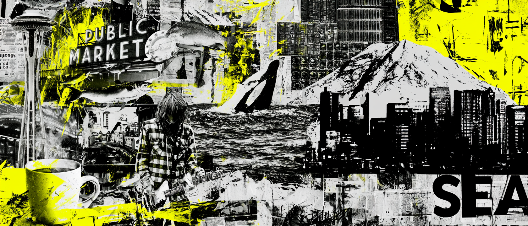 Seattle visual history collage with Pike Place Market sign, Space Needle, Mount Rainier, coffee, guitar, city skyline, water, and yellow graphic texture