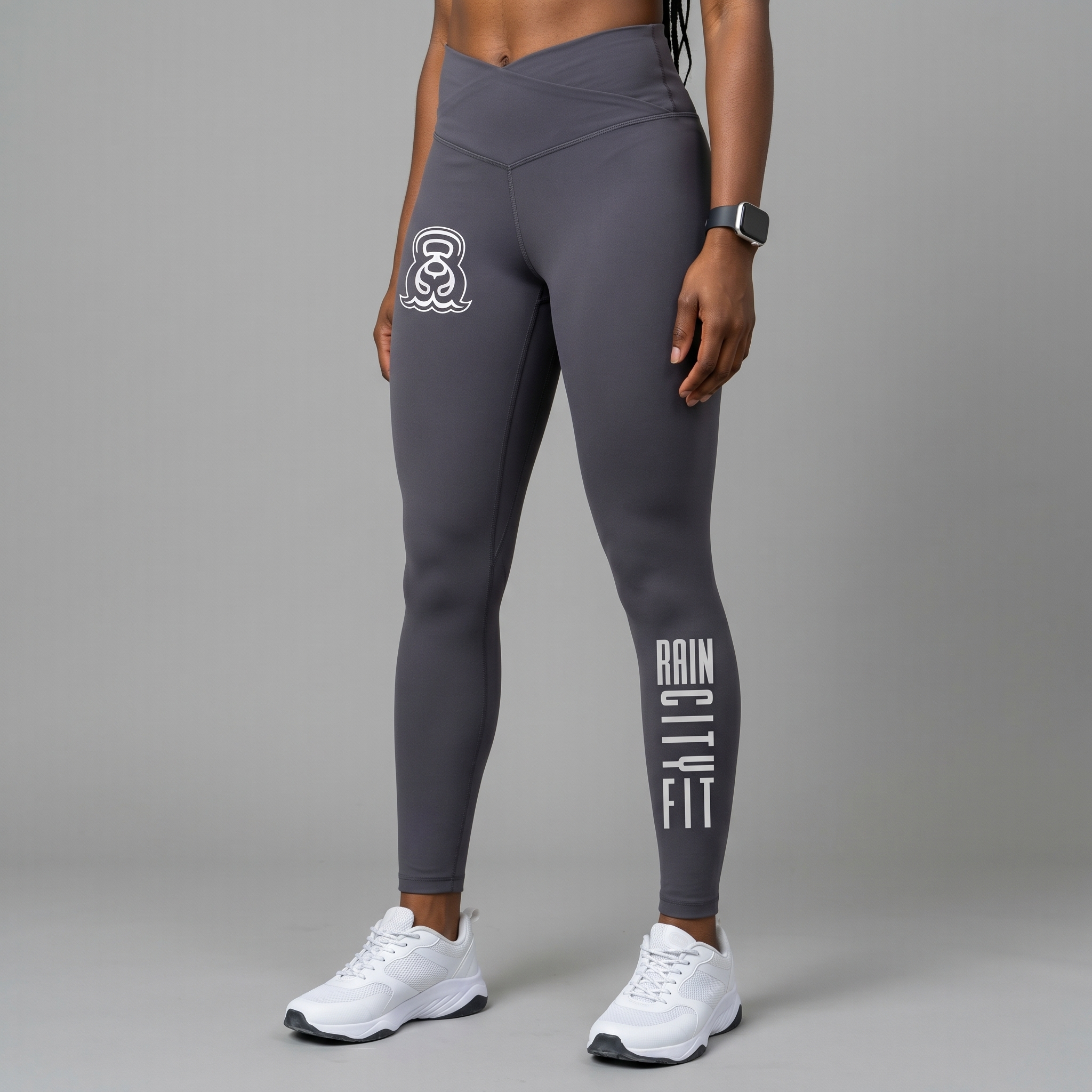 Storm grey Rain City Fit leggings with umbrella kettlebell hip mark and vertical leg print