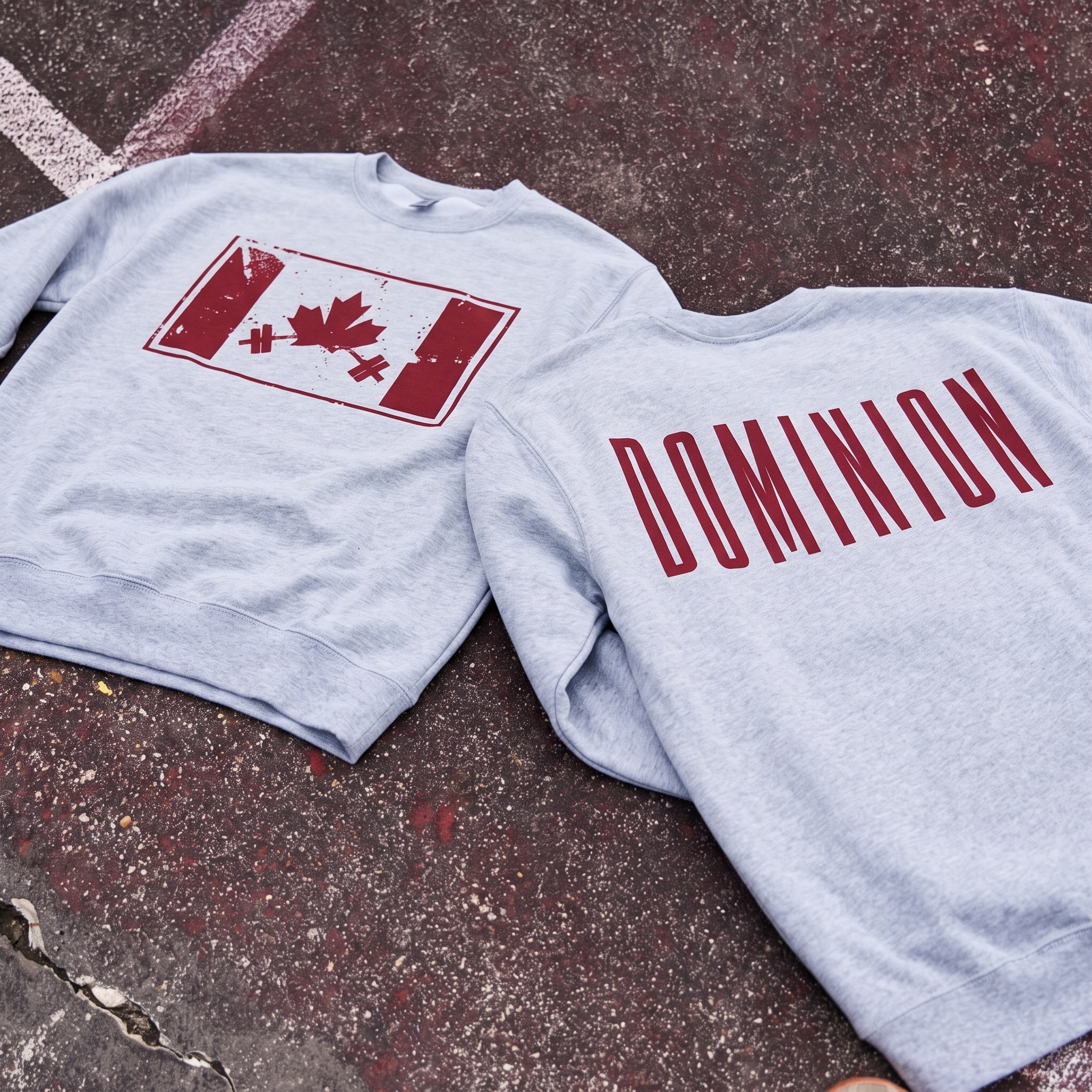 Ash grey Dominion Canada barbell edition sweaters with maple leaf and barbell flag graphic