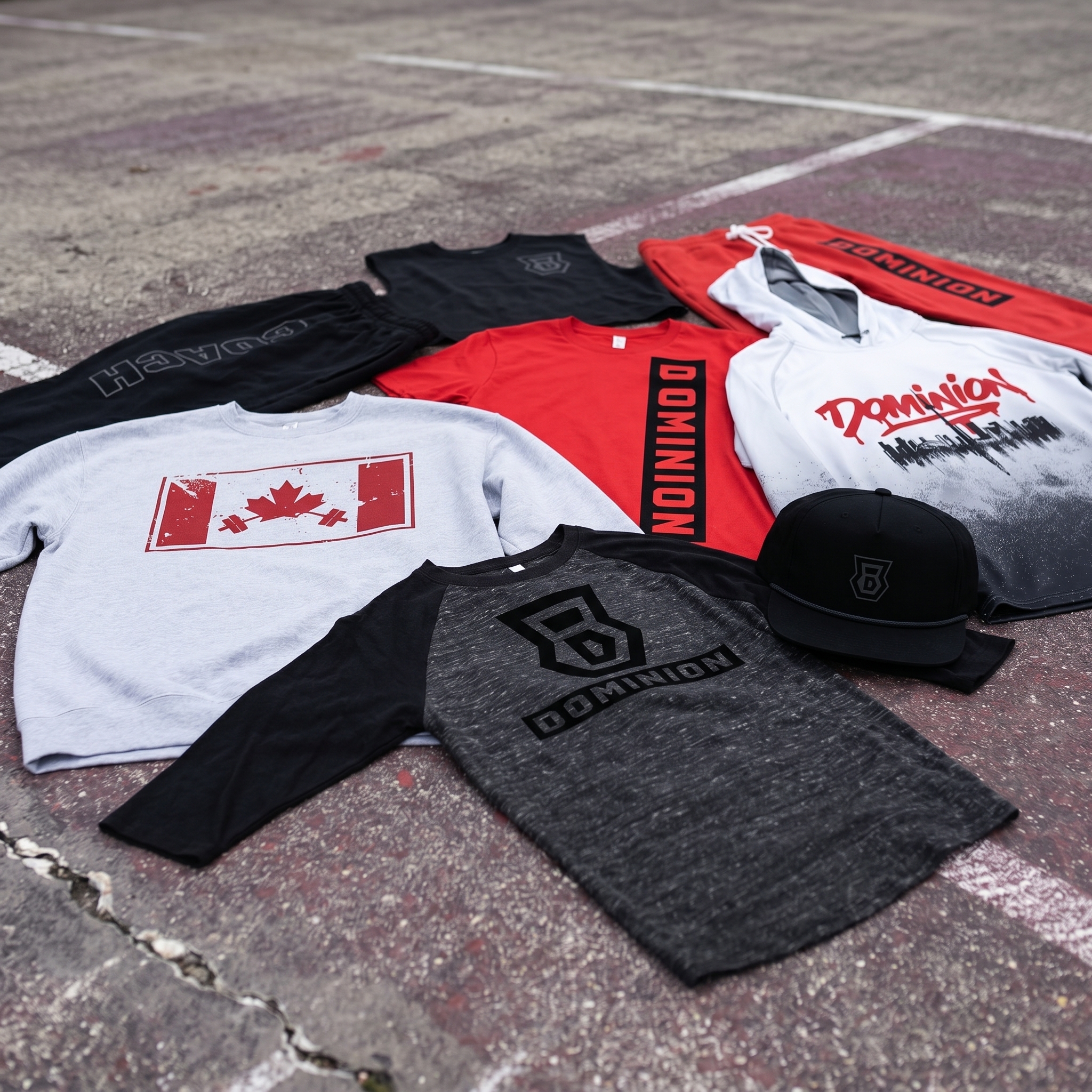Full Dominion Toronto apparel collection with Canada barbell sweater, red tee, black coach pieces, hoodie, joggers, raglan, and hat