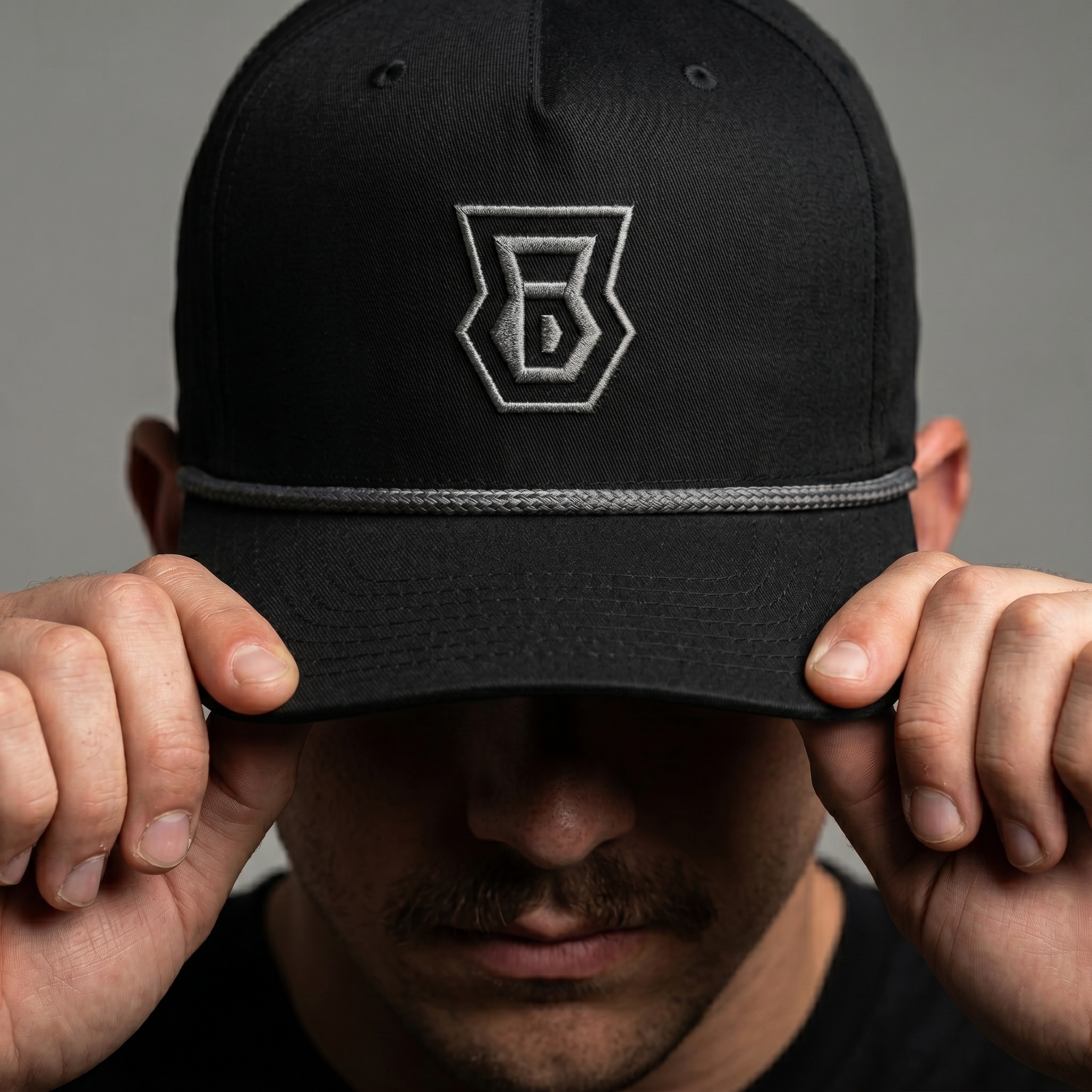 Black Dominion rope cap with tonal embroidered shield monogram