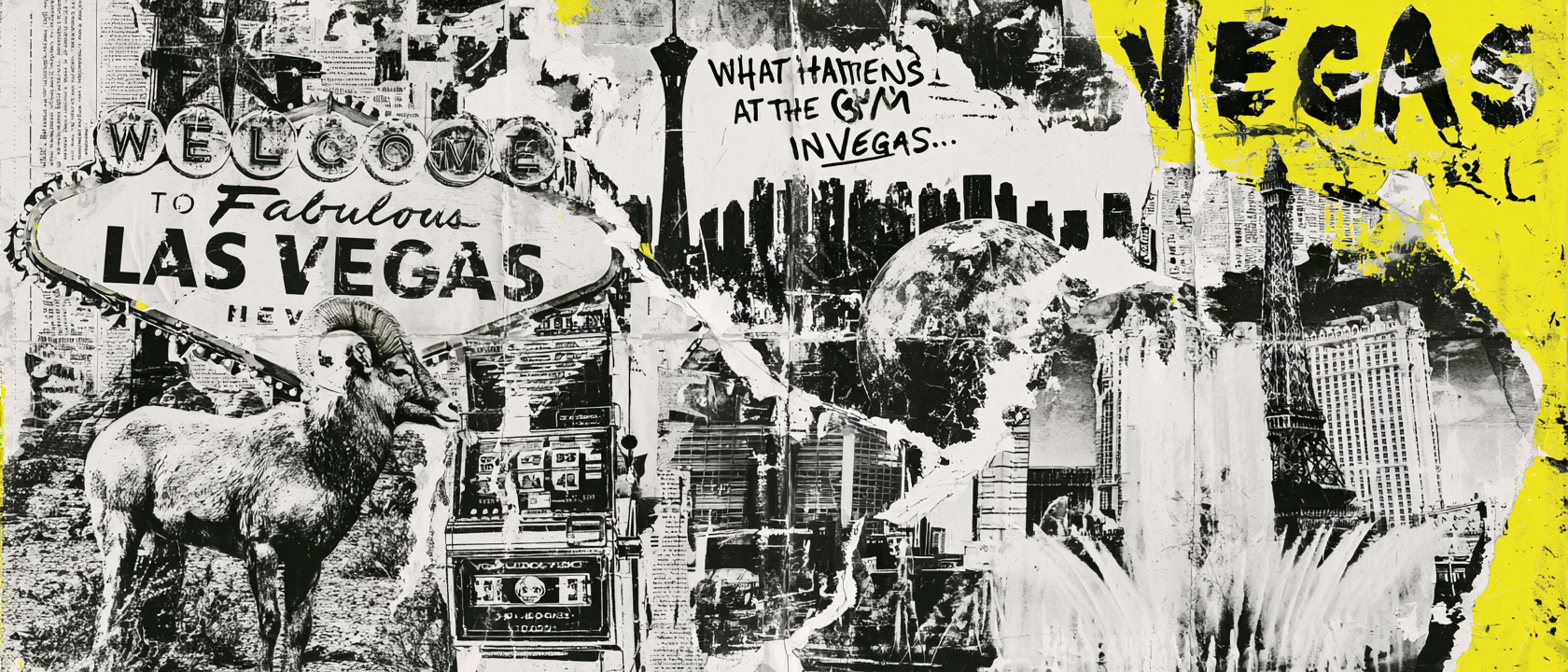 Las Vegas visual history collage with neon signs, skyline, desert sheep, slots, and Strip references