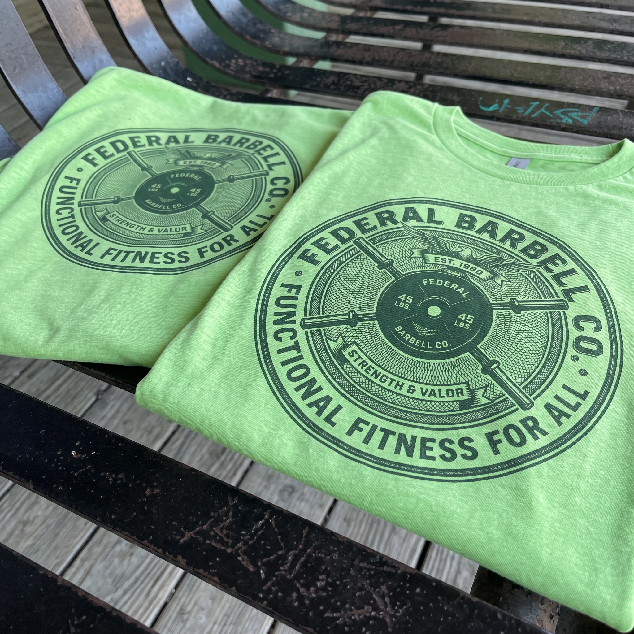 Mint Federal Barbell Co. tee with detailed circular seal graphic