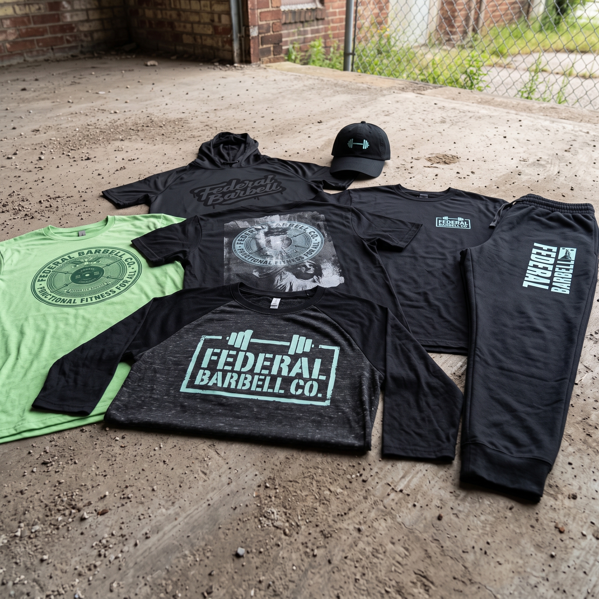 Full Federal Barbell Co. Washington DC apparel collection with hoodie, raglan, mint tee, black tee, joggers, coach tank, and rope cap