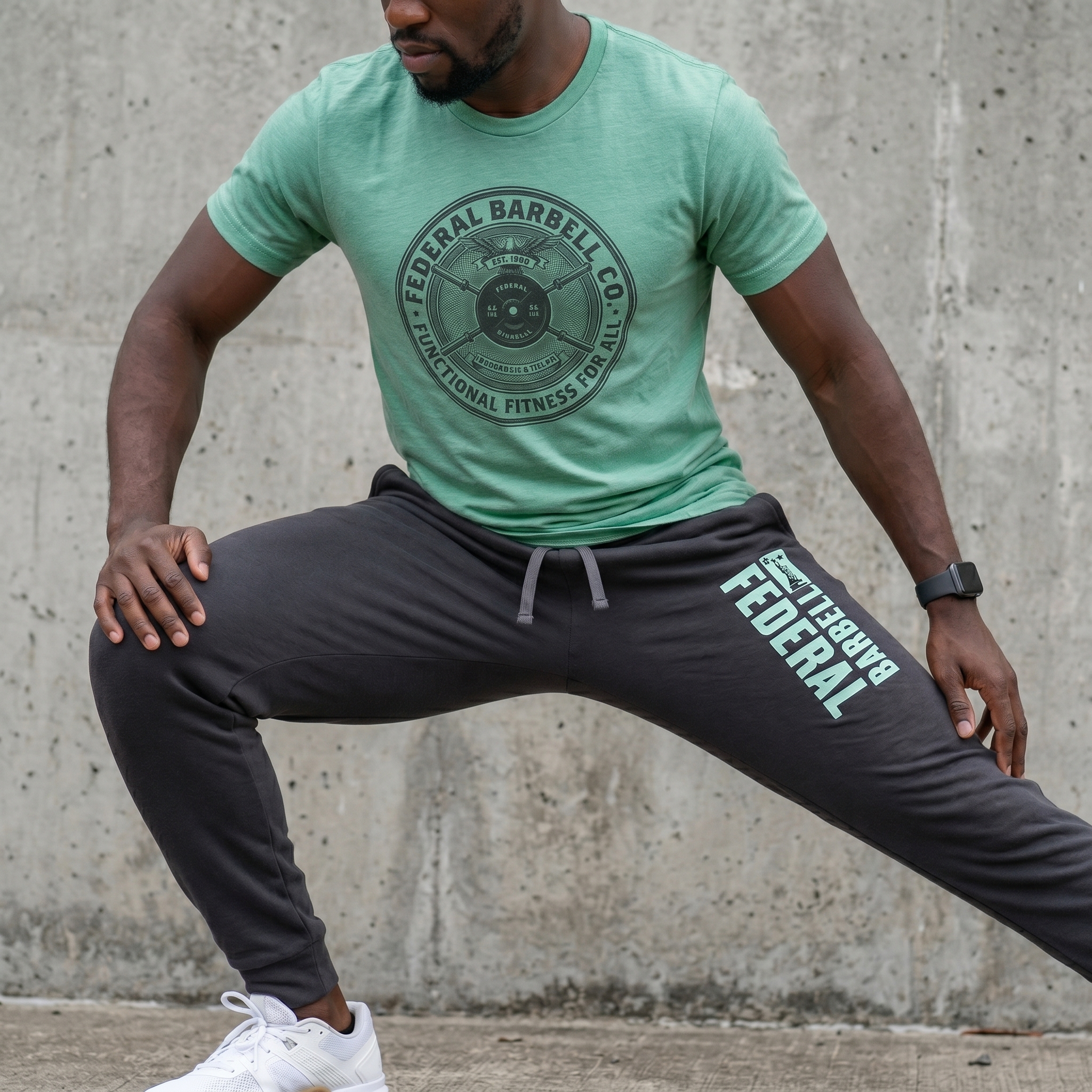 Black Federal Barbell Co. joggers with mint vertical leg print