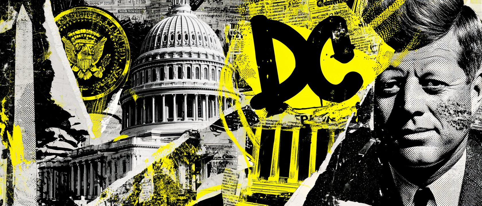 Washington DC visual history collage with Capitol dome, Washington Monument, DC lettering, political portrait, newspaper texture, and yellow graphic field