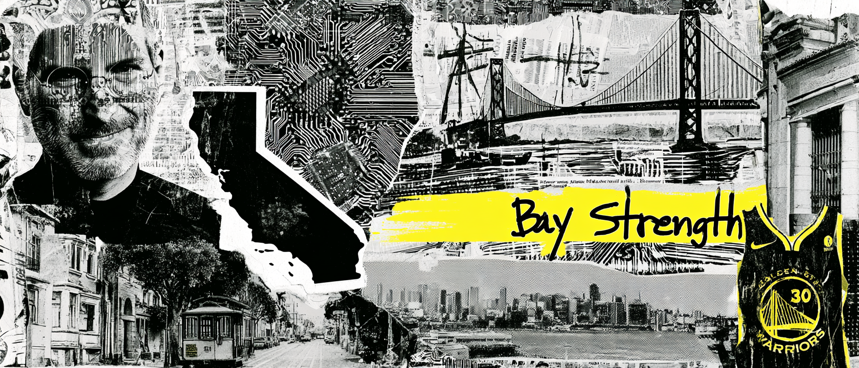 Bay Area visual history collage with bridge, technology, California, sports, and city references