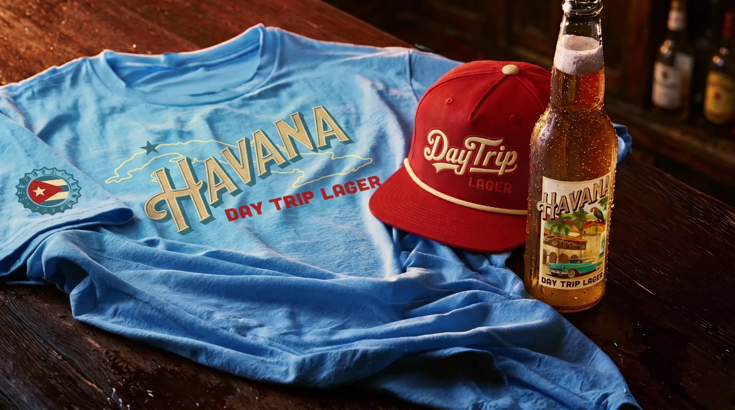 Havana Day Trip Lager shirt, embroidered hat and beer bottle