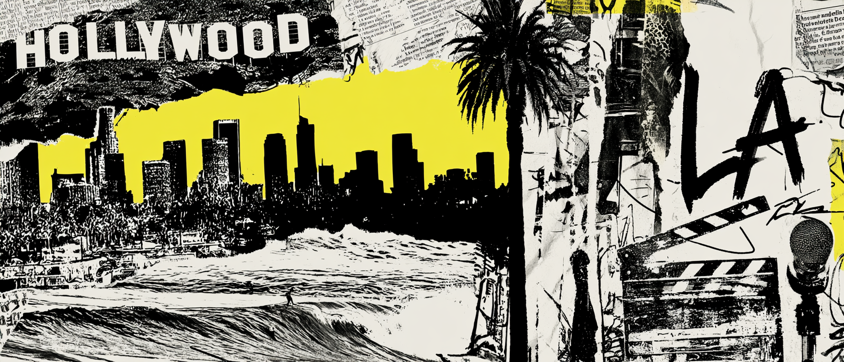 Los Angeles and Hollywood visual history collage with film, signs, palm trees, skyline, and late night references