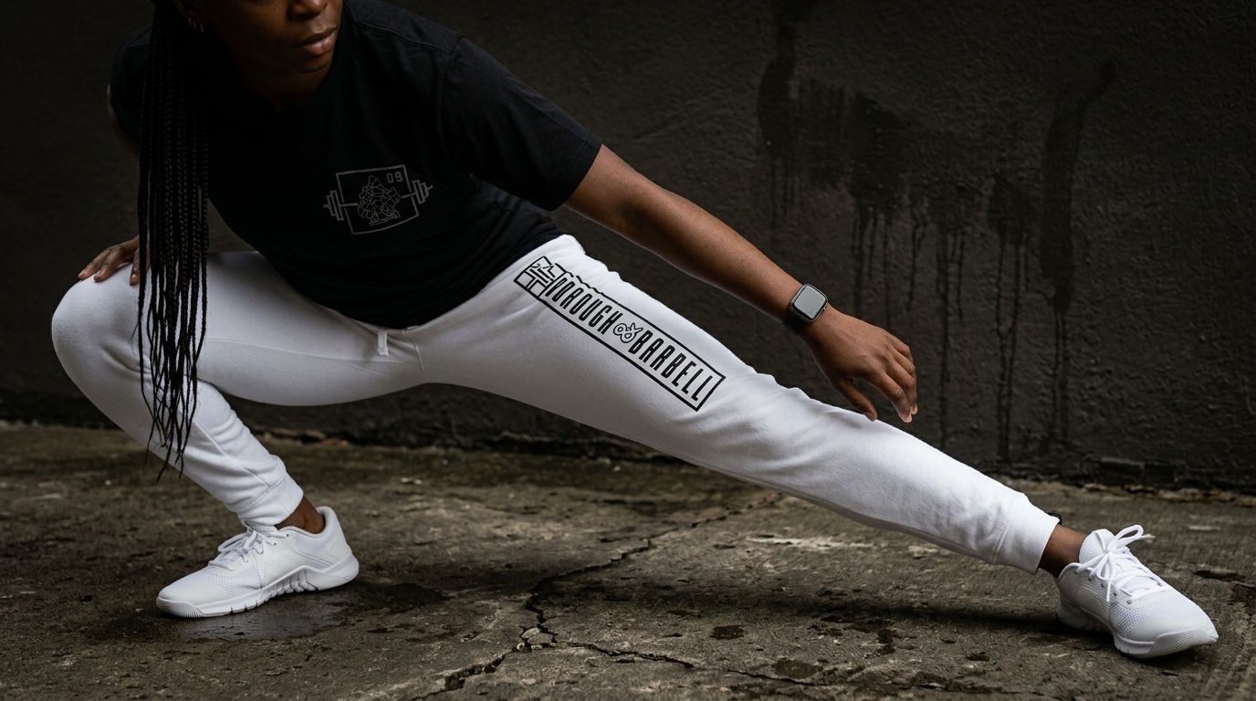 Borough & Barbell black crop tee with back print and white jogger
