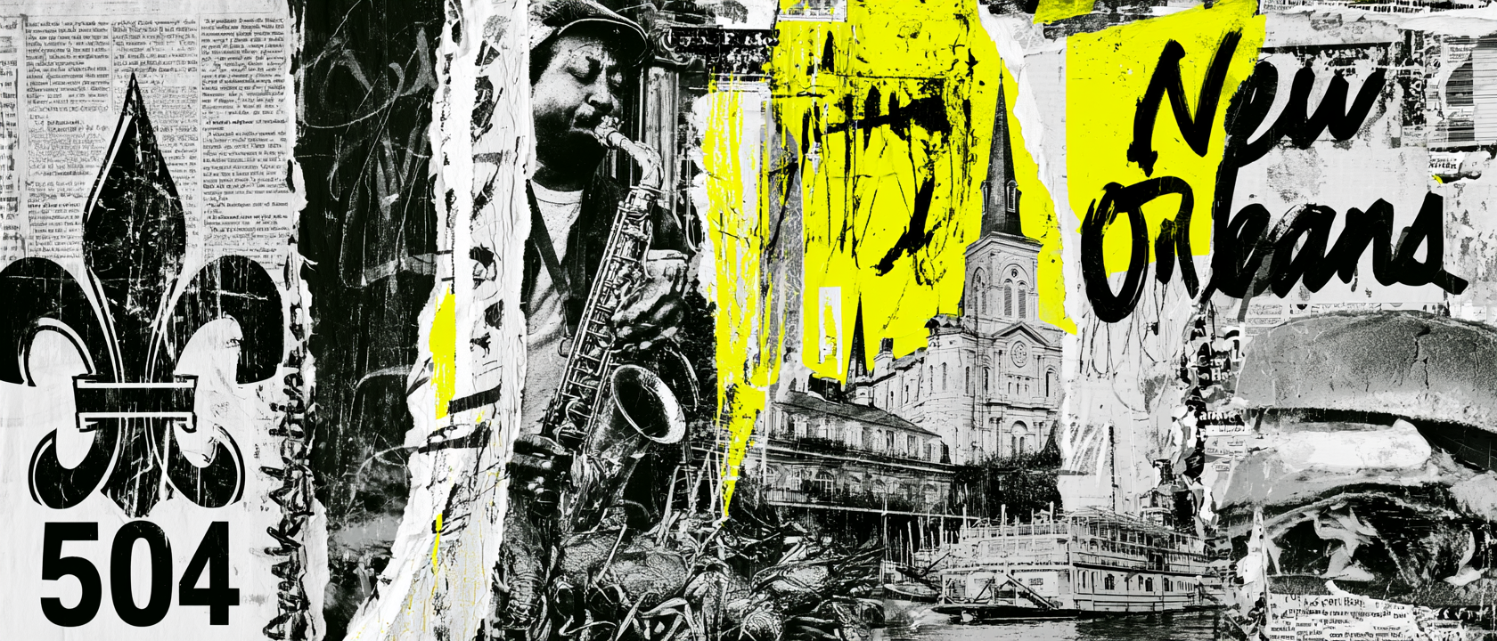 New Orleans visual history collage with fleur-de-lis, jazz musician, St. Louis Cathedral, riverboat, po boy, newspaper textures, and yellow street-art accents