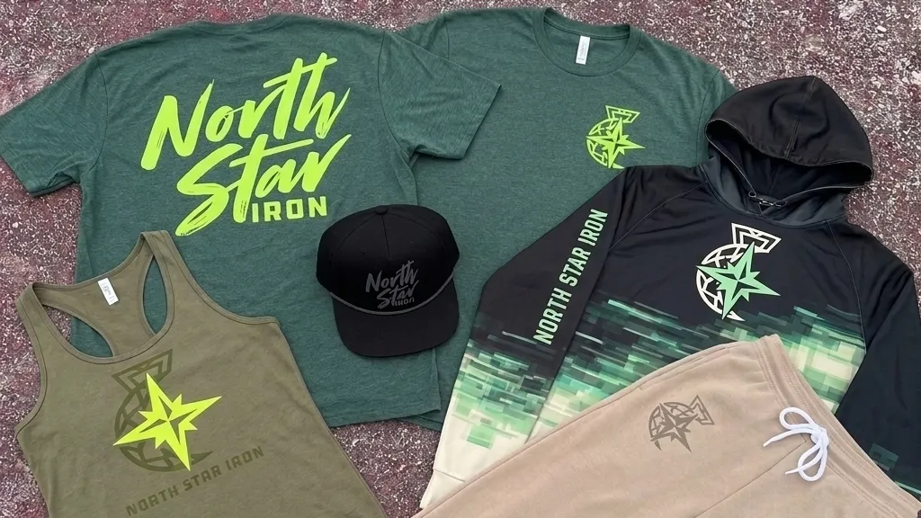 Full North Star Iron apparel collection with tees, tank, hat, hoodie, and joggers