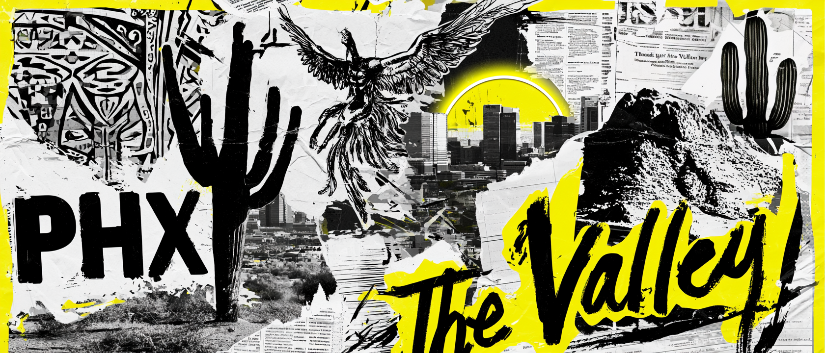 Phoenix history collage with PHX typography, saguaro cactus, Phoenix bird, downtown skyline, desert rock, and yellow paint accents