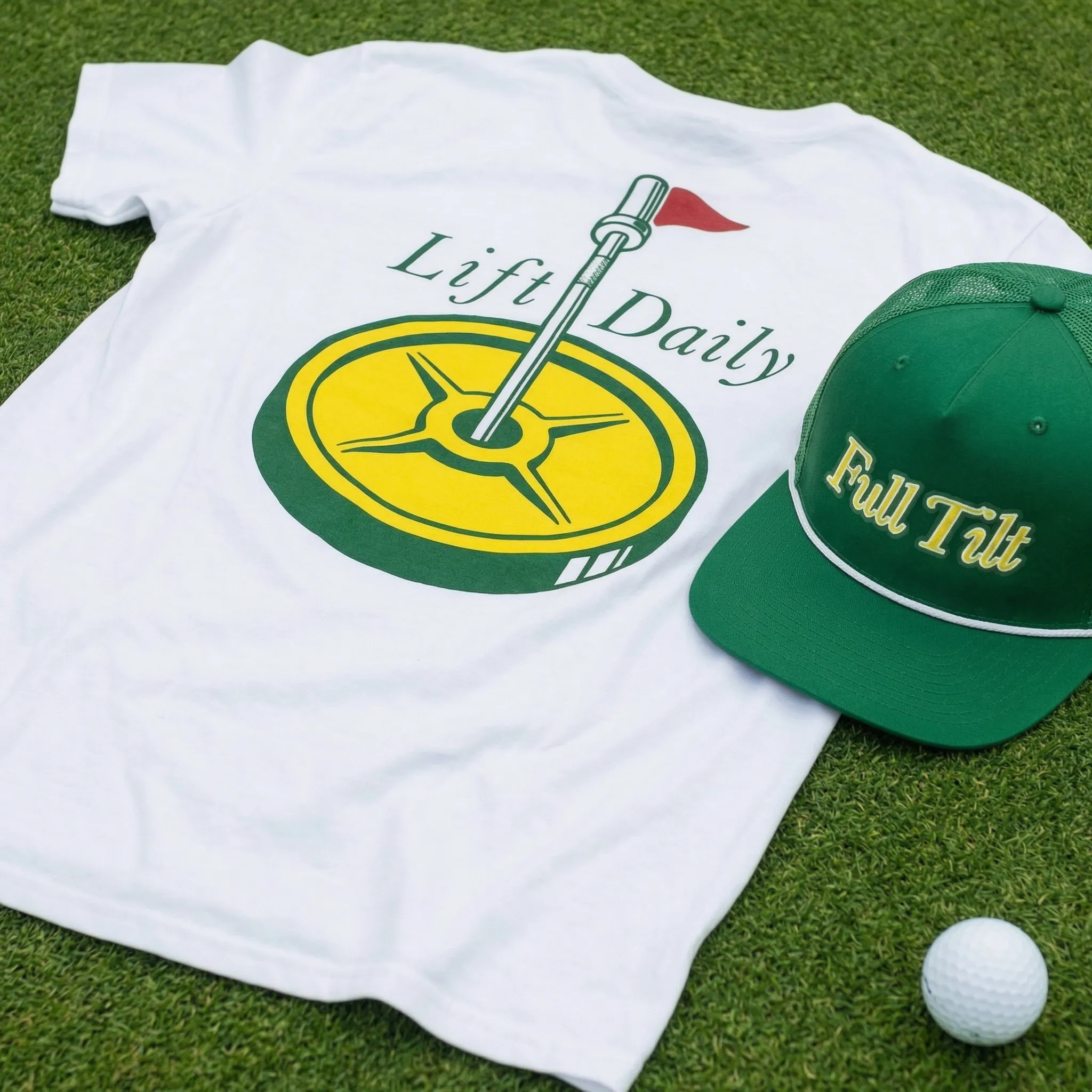 Full Tilt white shirt and green embroidered hat on a putting green