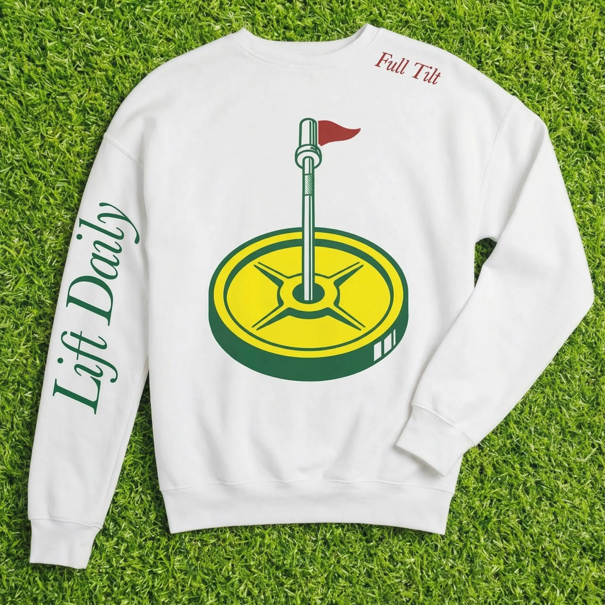 White Full Tilt crewneck sweatshirt photographed on green turf