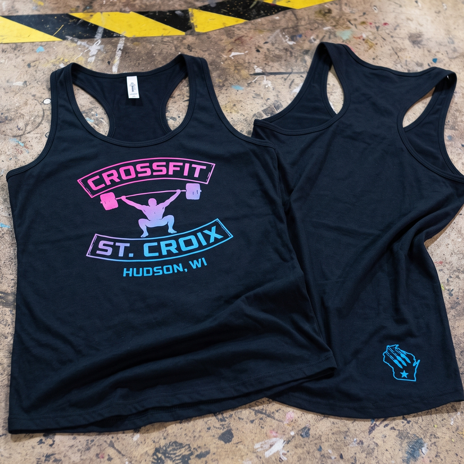 CrossFit St. Croix custom Neon Lift Tank with bright gradient weightlifting artwork