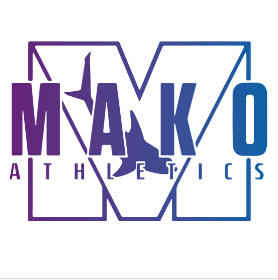 Mako Athletics logo with purple-to-blue gradient lettering and a stylized shark inside an outlined M
